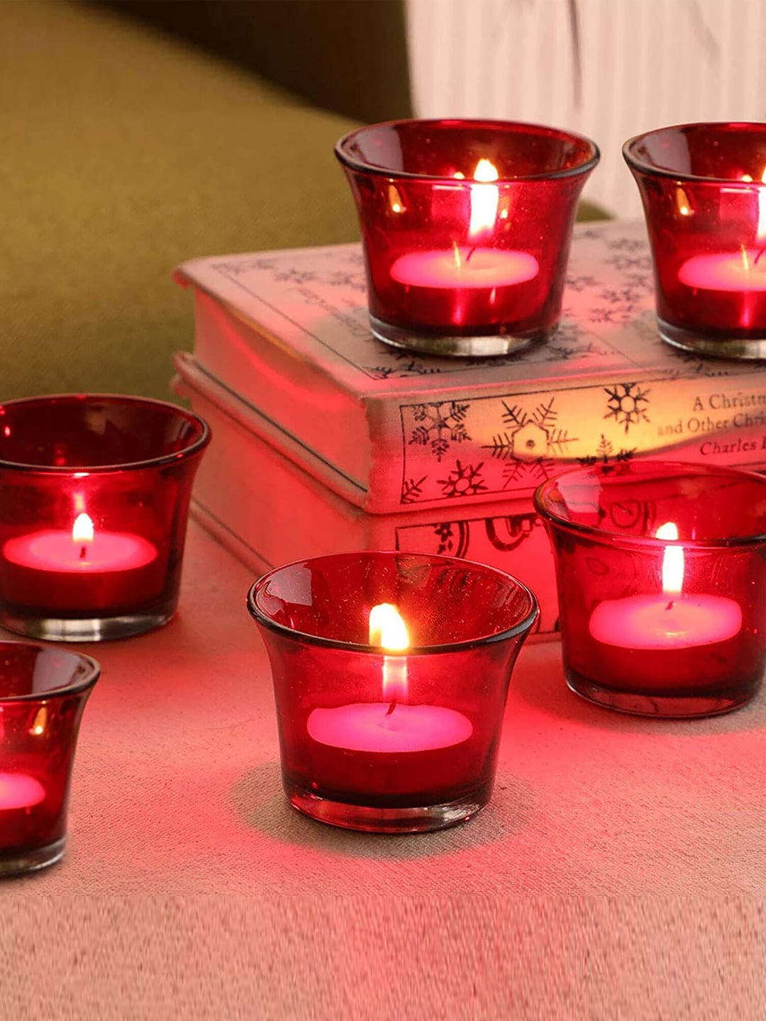 Homesake  Set of 10 Red Glass Tea Light Candle Holder Price in India