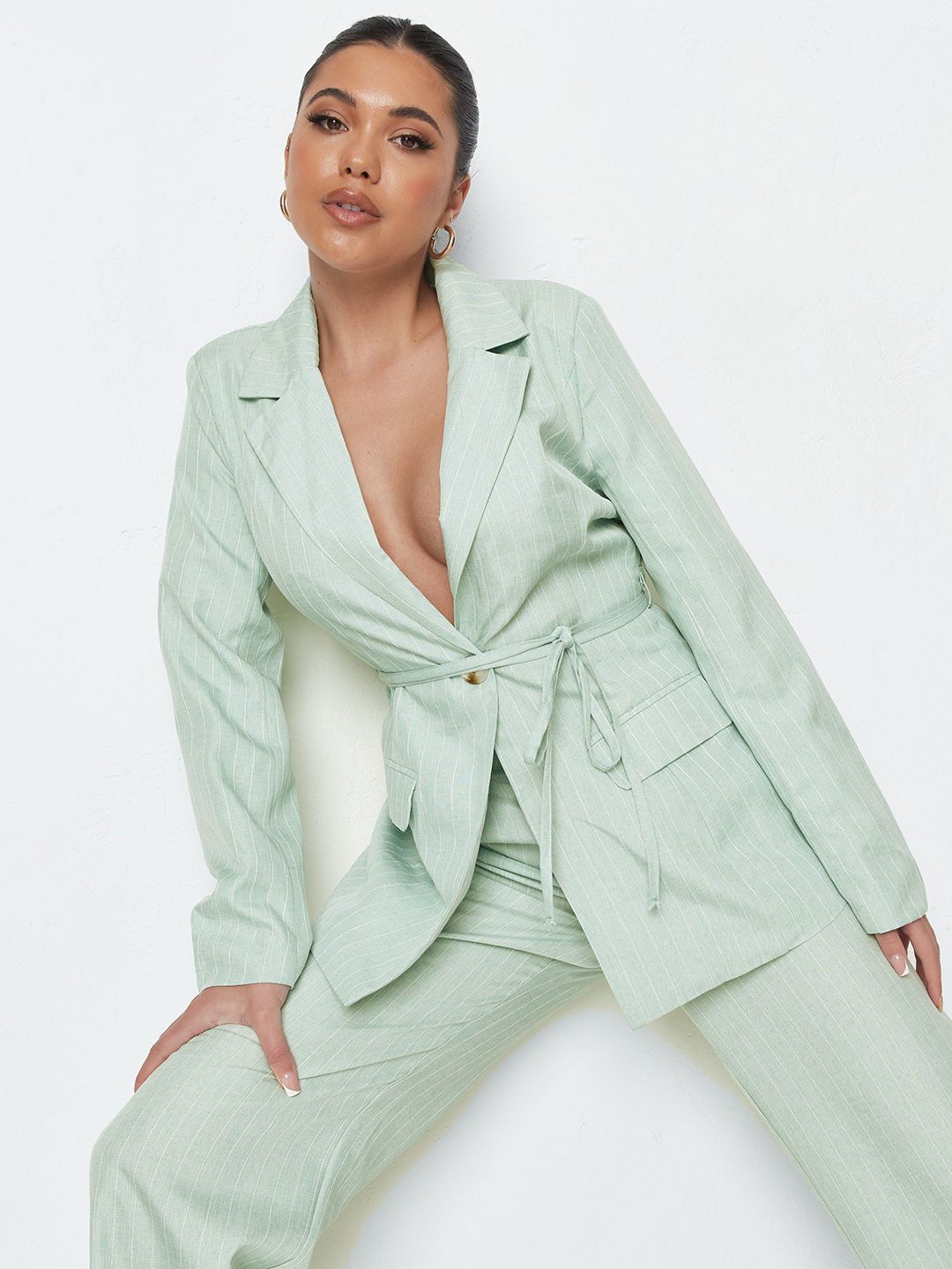 Missguided Women Powder Blue & White Striped Single-Breasted Blazer with Belt Price in India