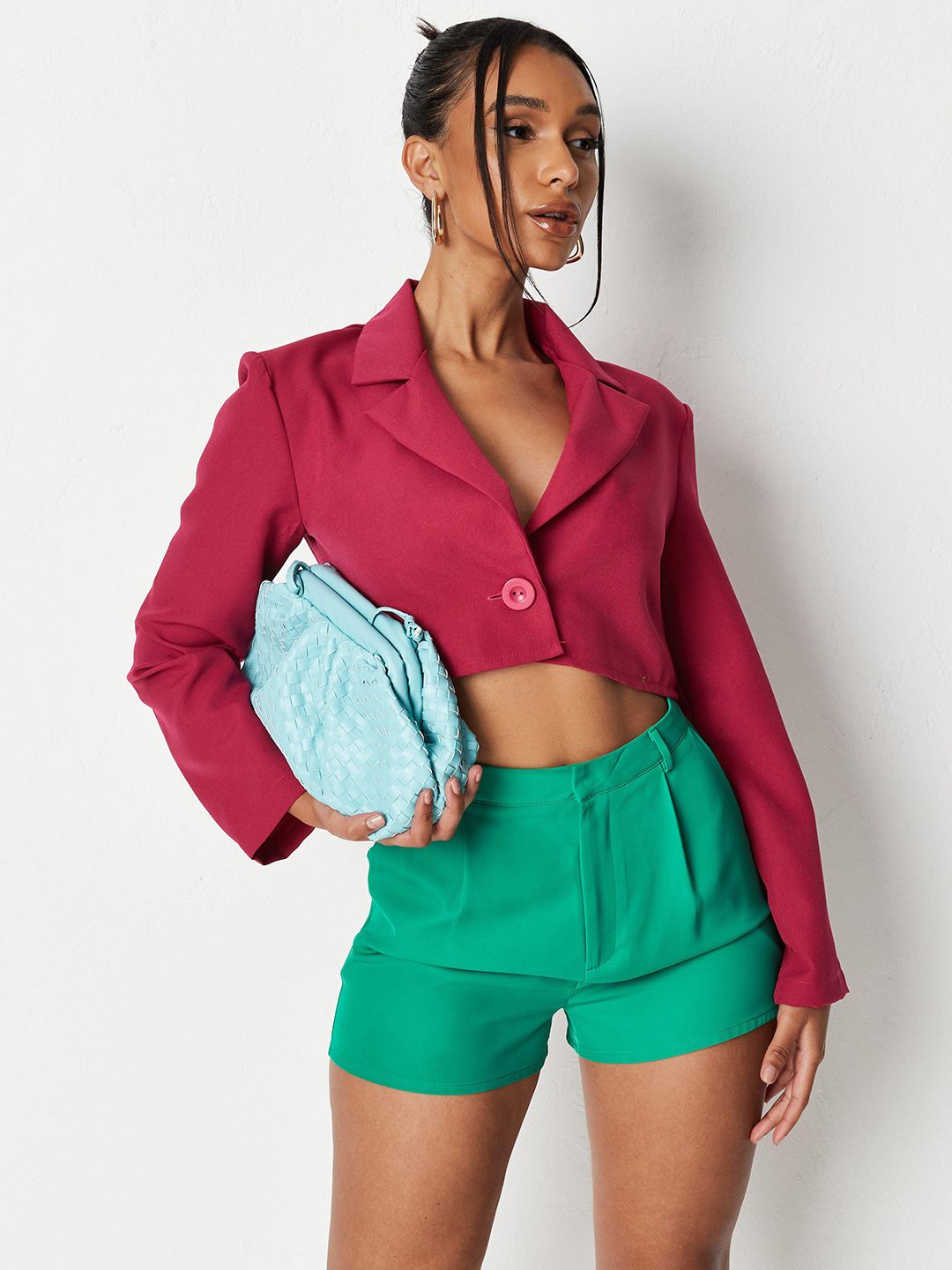 Missguided Women Magenta Solid Crop Single-Breasted Blazer Price in India