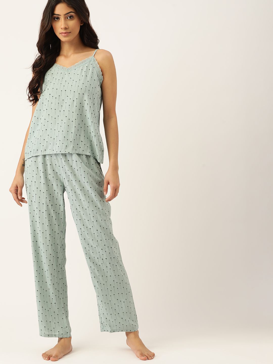 ETC Women Sea Green & Black Printed Pyjama Set Price in India