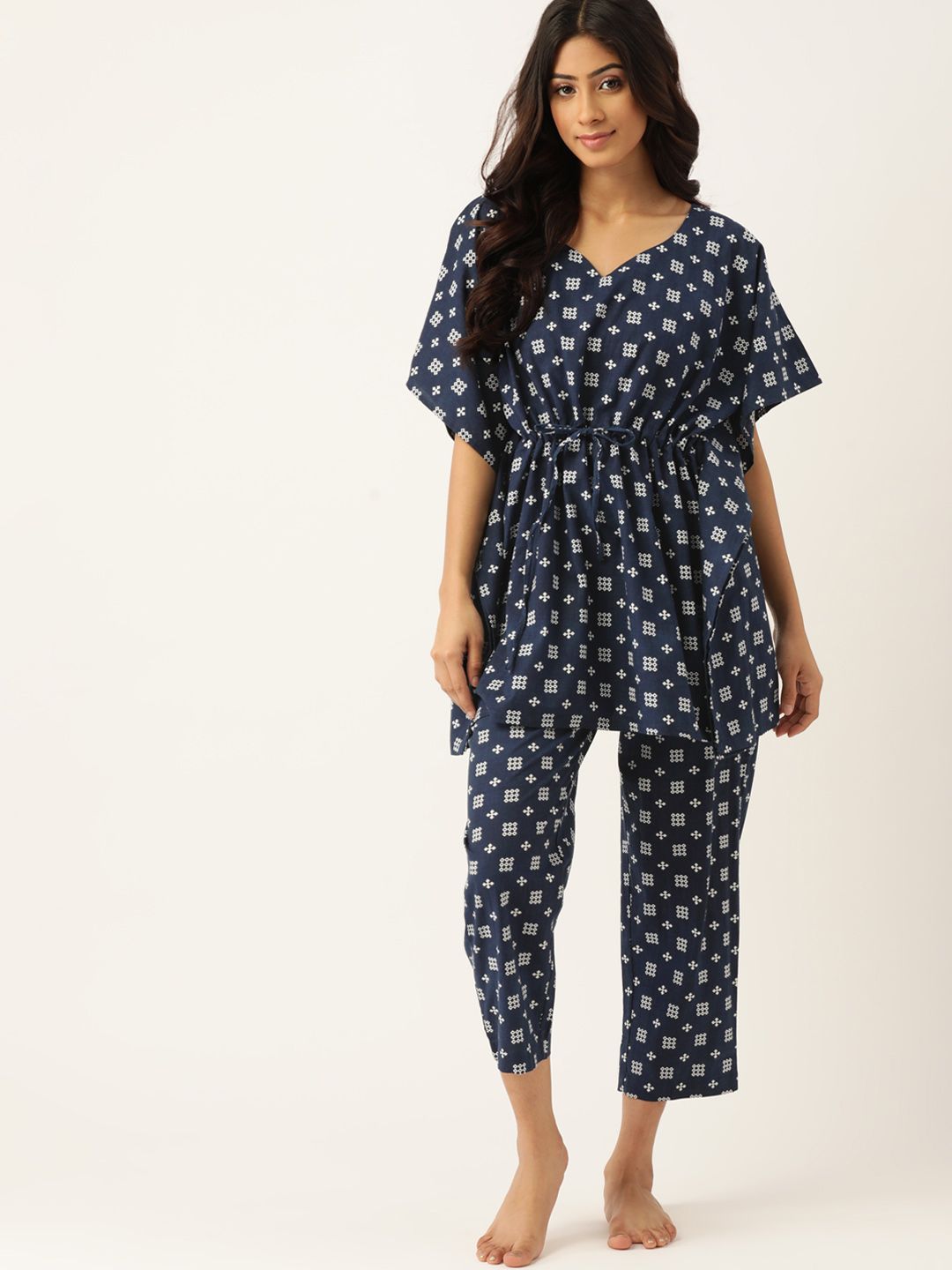 ETC Women Navy Blue & White Pure Cotton Printed Kaftan Set Price in India