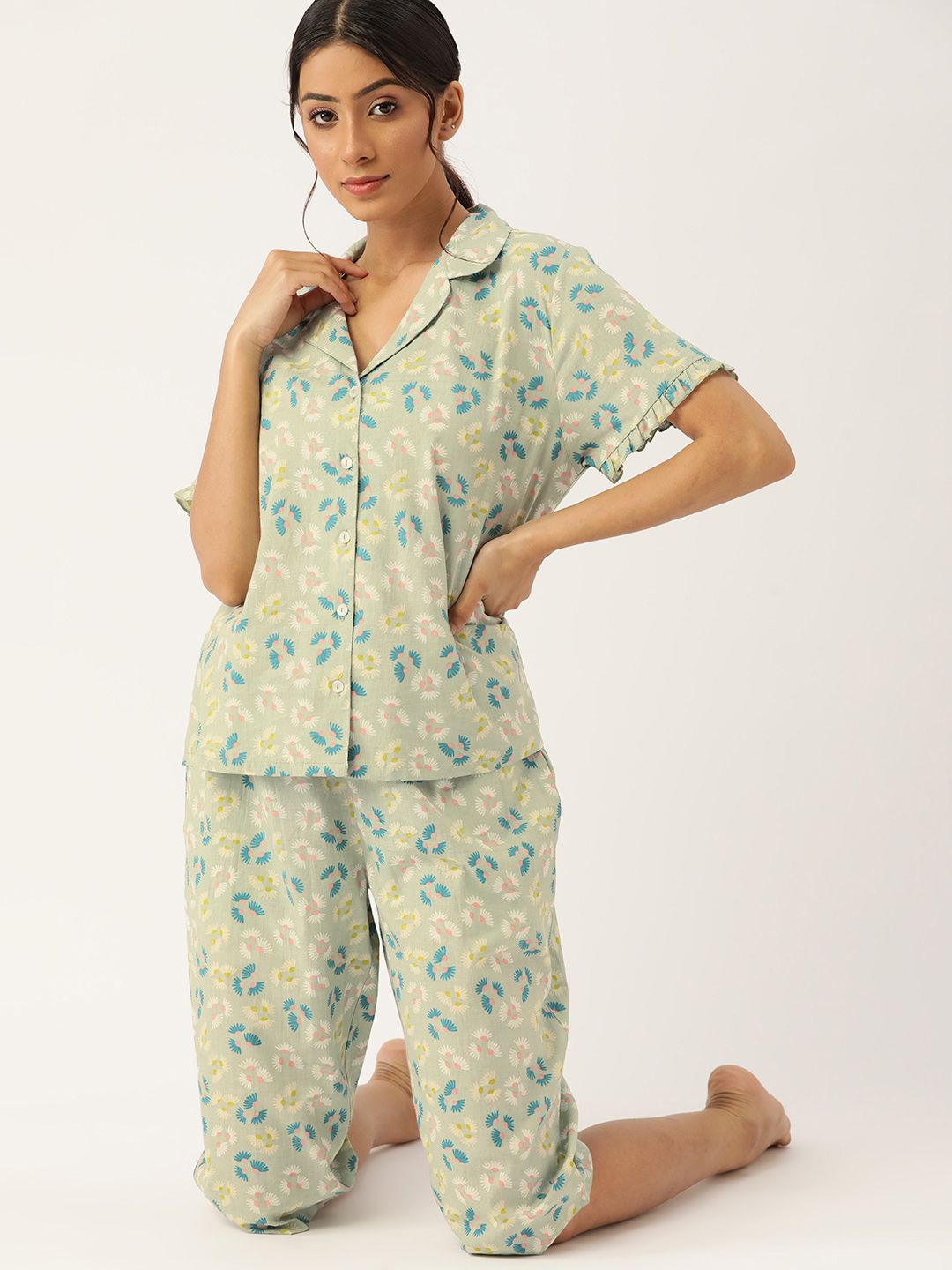 ETC Women Green & Blue Pure Cotton Printed Night suit Price in India