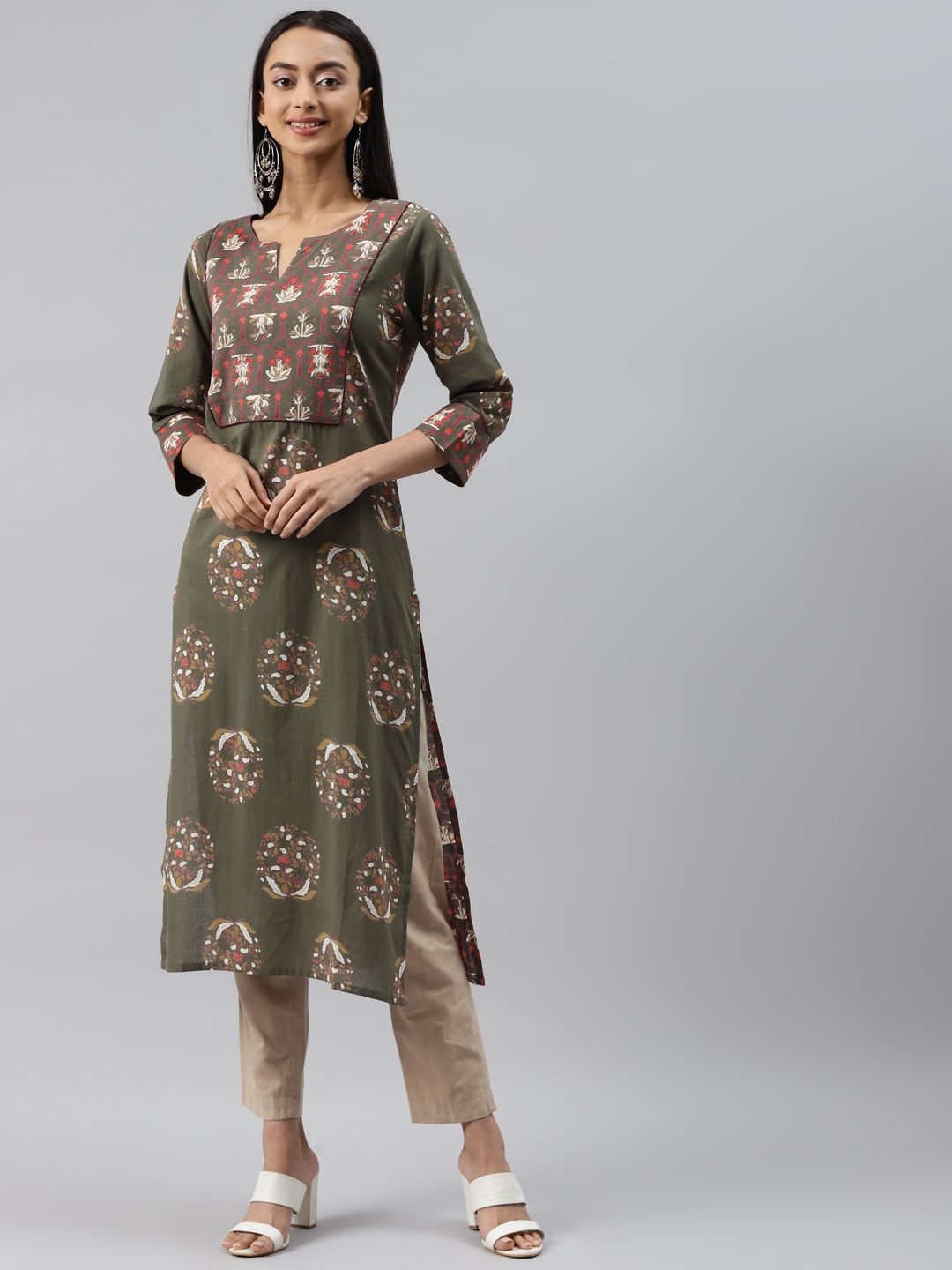 Yuris Women Olive Green & Brown Ethnic Motifs Printed Floral Cotton Kurta Price in India