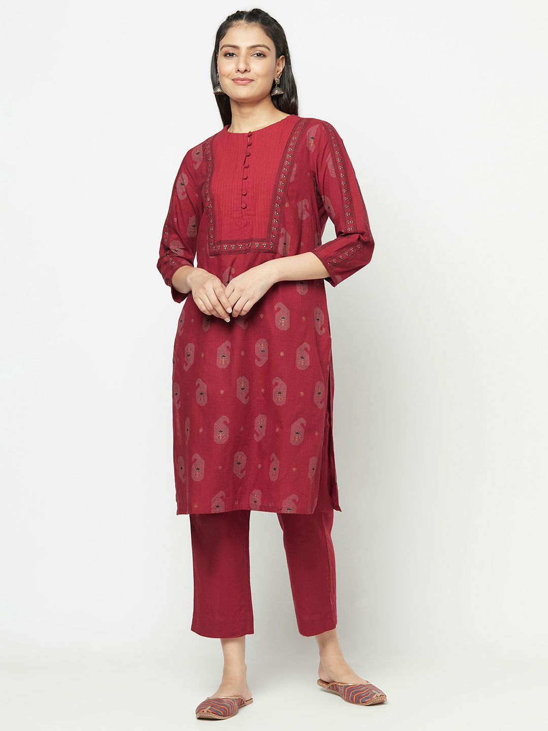 Fabindia Women Maroon Ethnic Motifs Print Regular Pure Cotton Kurta with Trousers Price in India