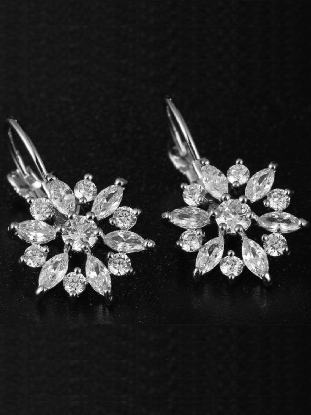 OOMPH Silver-Toned & White Stone Studded Floral Drop Earrings Price in India