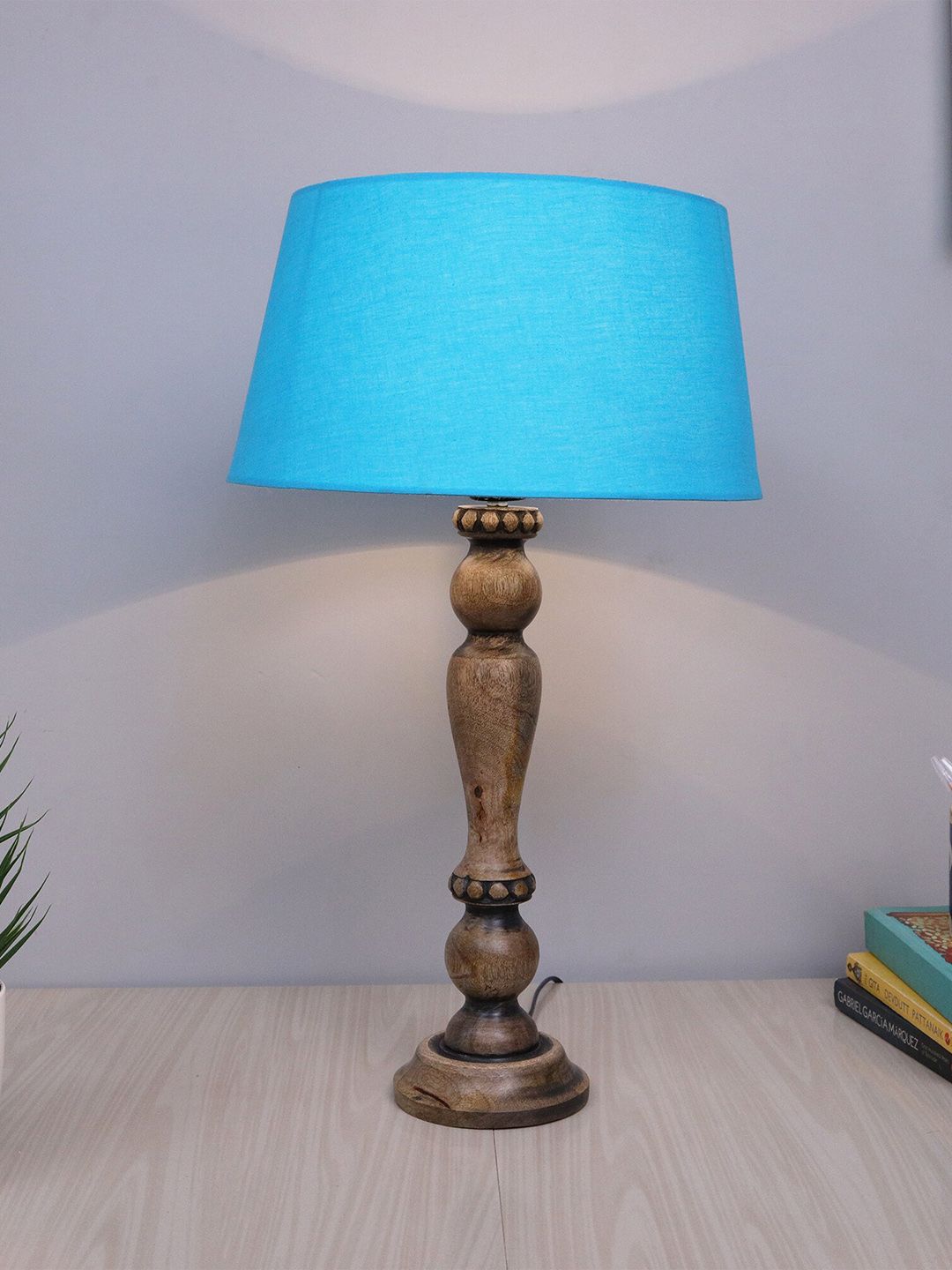 Homesake Turquoise Blue Eureka Polka Wooden Bedside Table Lamp Price in India