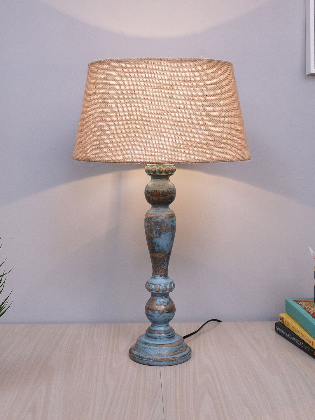 Homesake Beige & Blue Eureka Polka Wooden Bedside Table Lamp Price in India