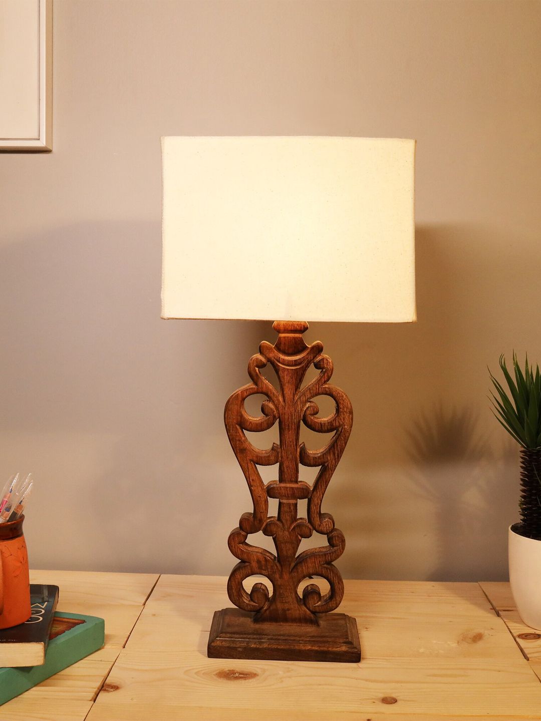 Homesake Beige Hand Carved Wooden Table Lamp with Khadi Square Shade Price in India