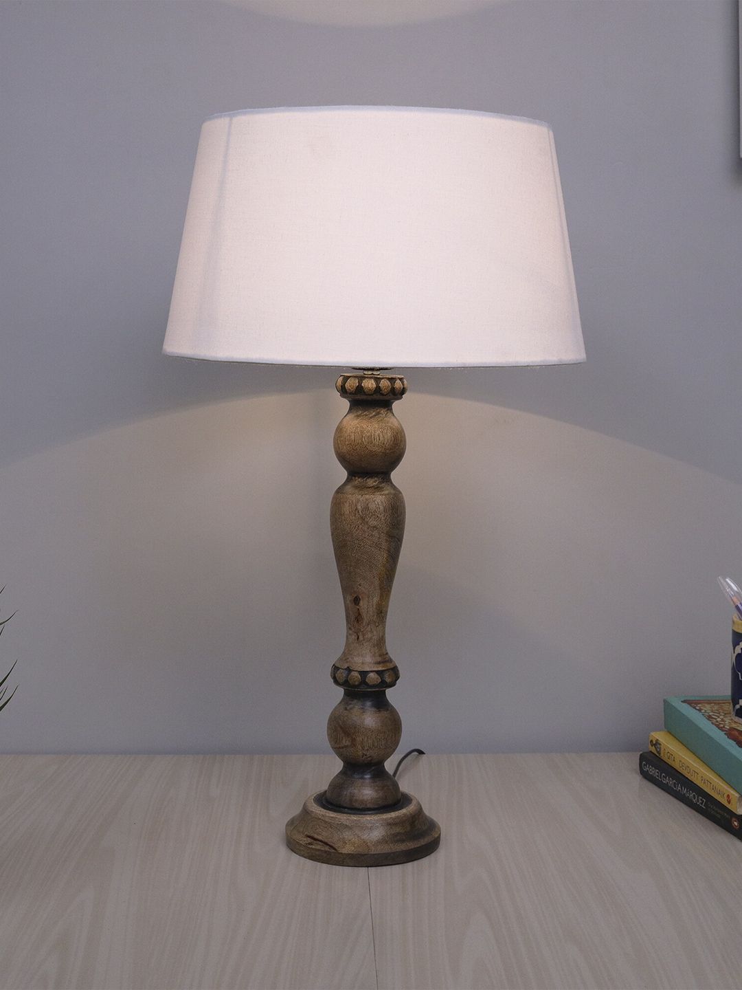 Homesake White & Brown Eureka Polka Wooden Bedside Table Lamp Price in India