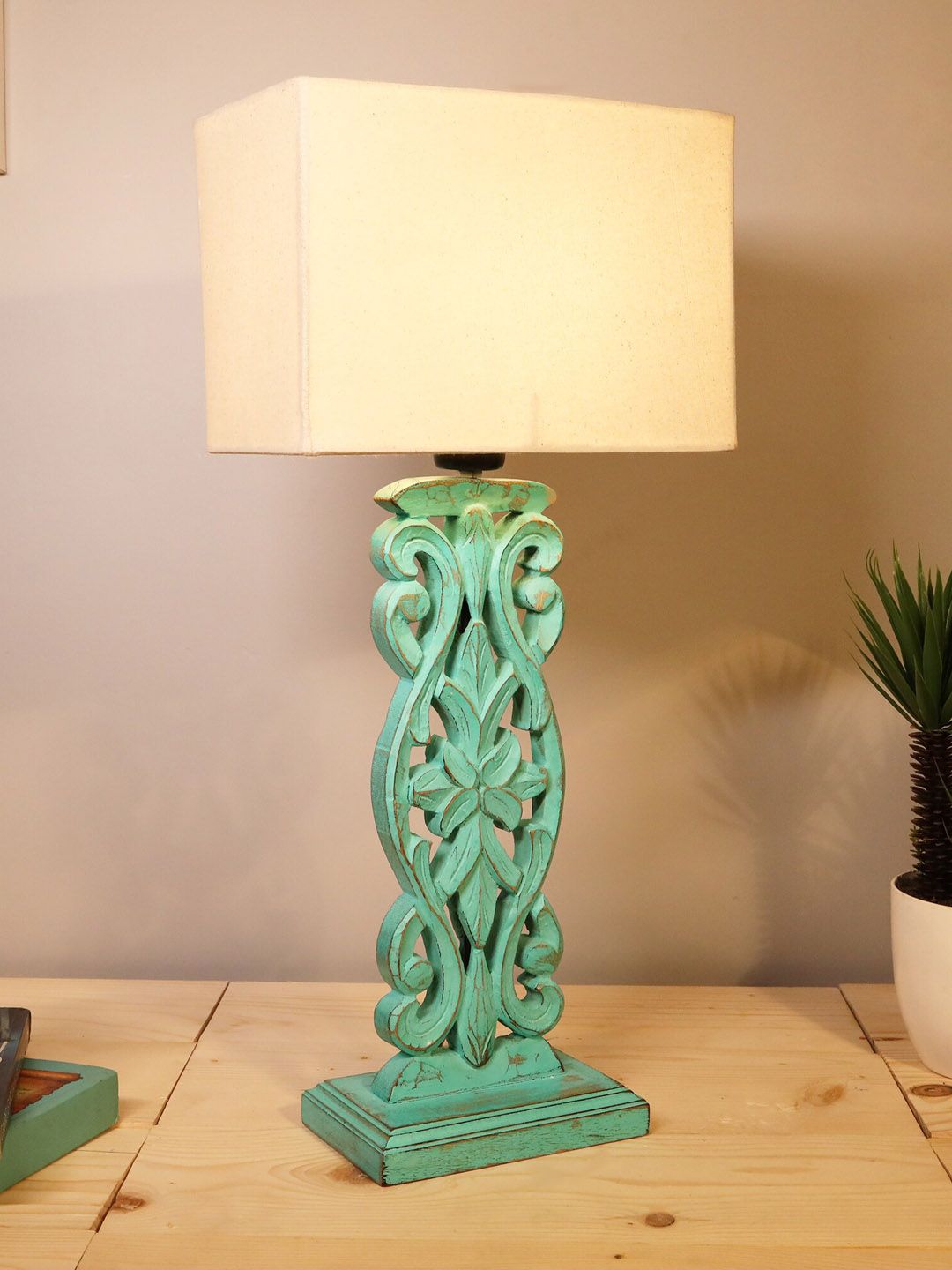 Homesake White & Green Sculptural Hand Carved Wood Table Lamp with Khadi Shade Price in India
