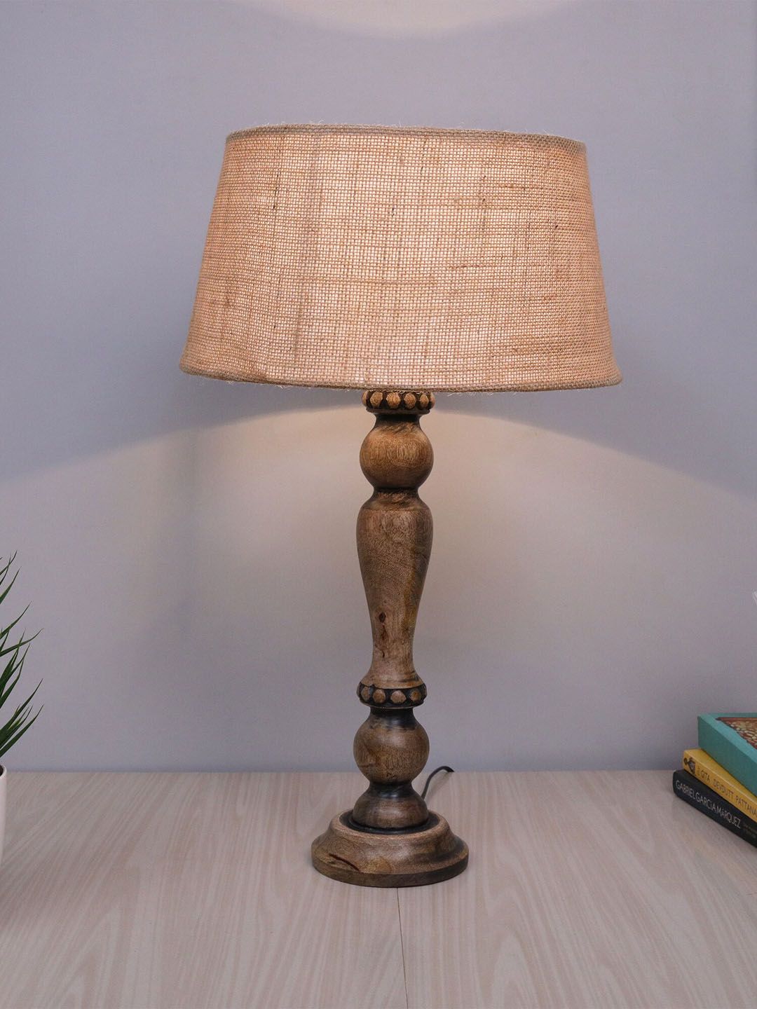 Homesake Beige Wooden Table Lamp With Jute Shade Price in India