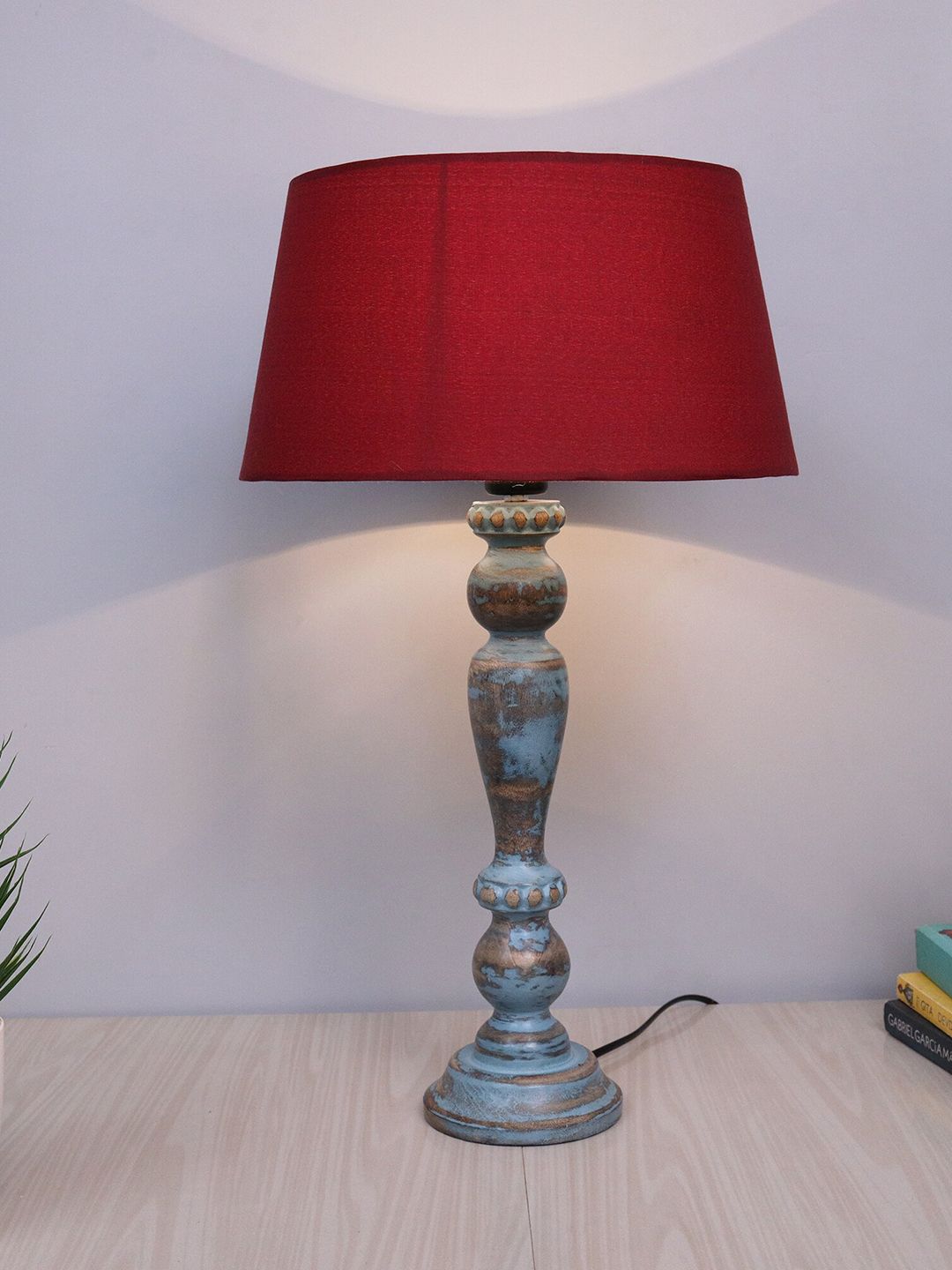 Homesake Red Handcrafted Wooden Table Lamp with Shade Price in India