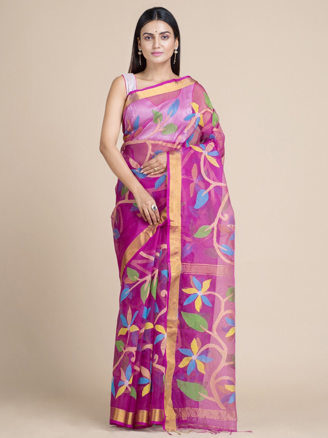 Mitera Magenta & Green Floral Handloom Silk Cotton Saree Price in India