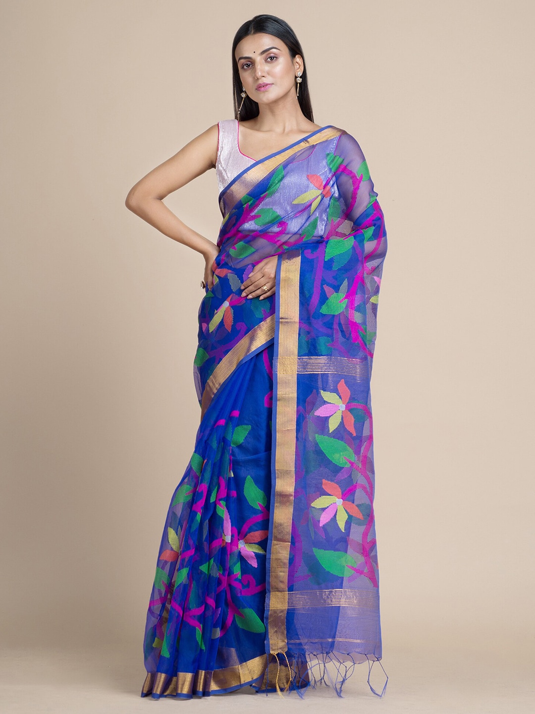 Mitera Blue & Green Woven Design Zari Silk Cotton Handloom Saree Price in India