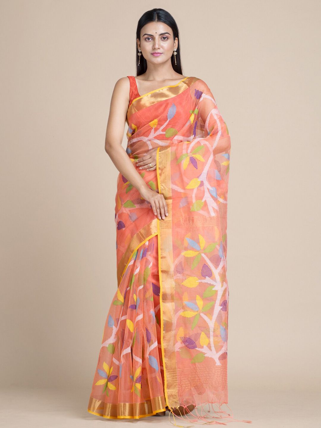 Mitera Peach-Coloured Floral Handloom Silk Cotton Saree Price in India