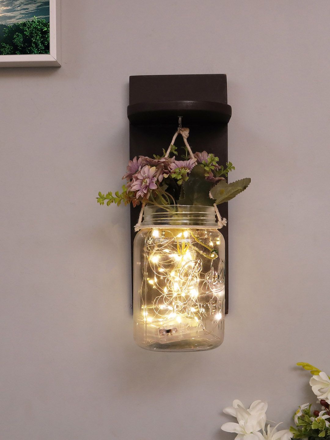 Homesake Brown & Transparent Rustic Mason Jar Wall Scones With Firefly String Lights Price in India