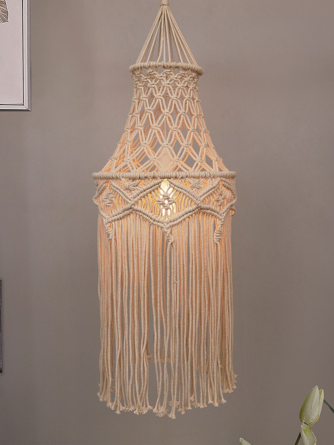 Homesake Beige Woven Cone Macrame Ceiling Lamp Shade Price in India