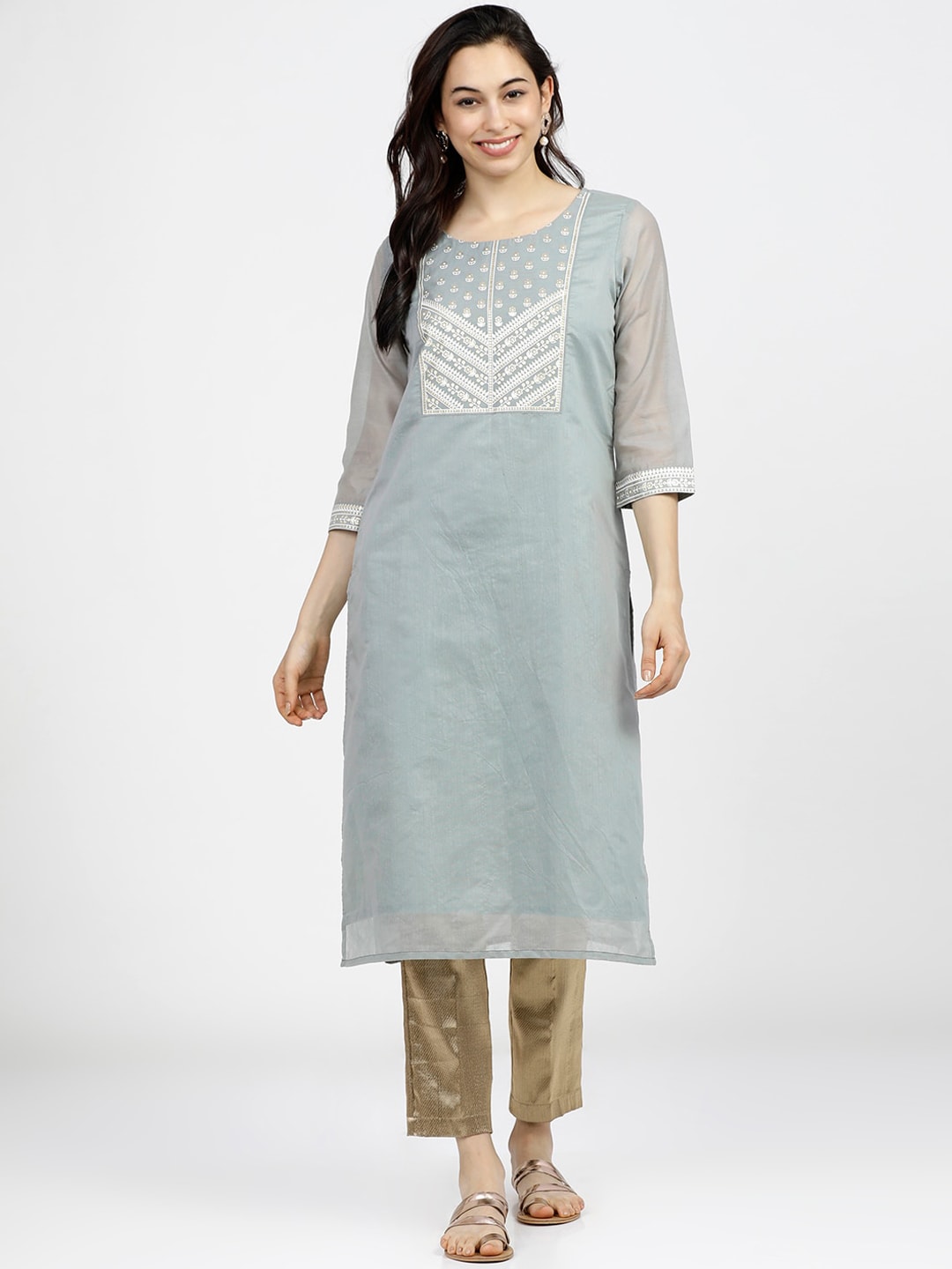Vishudh Women Grey Yoke Design Straight Kurta Price in India