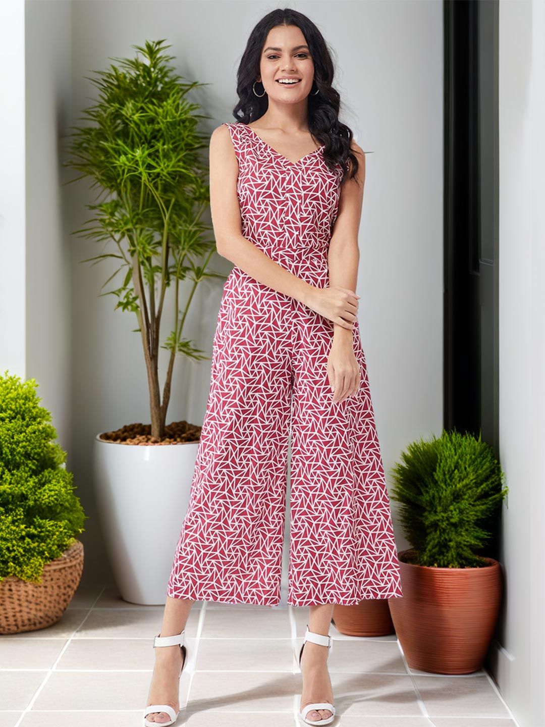 Zima Leto Red & White Printed Basic Jumpsuit