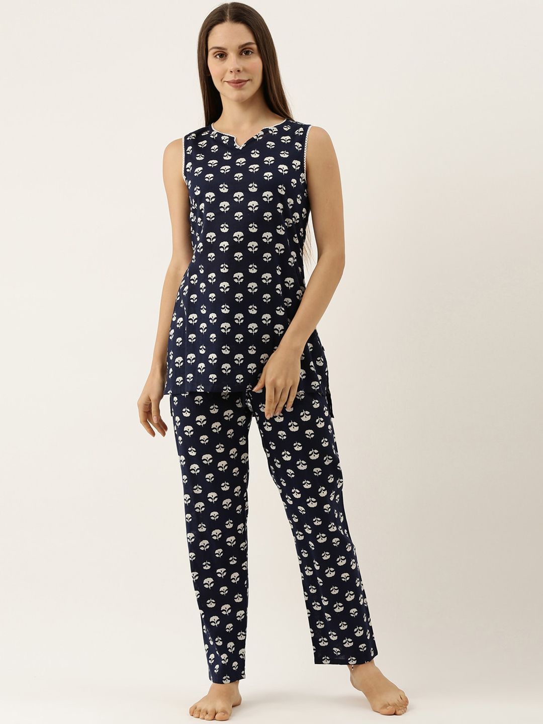 Bannos Swagger Women Blue & White Printed Pure Cotton Night suit Price in India