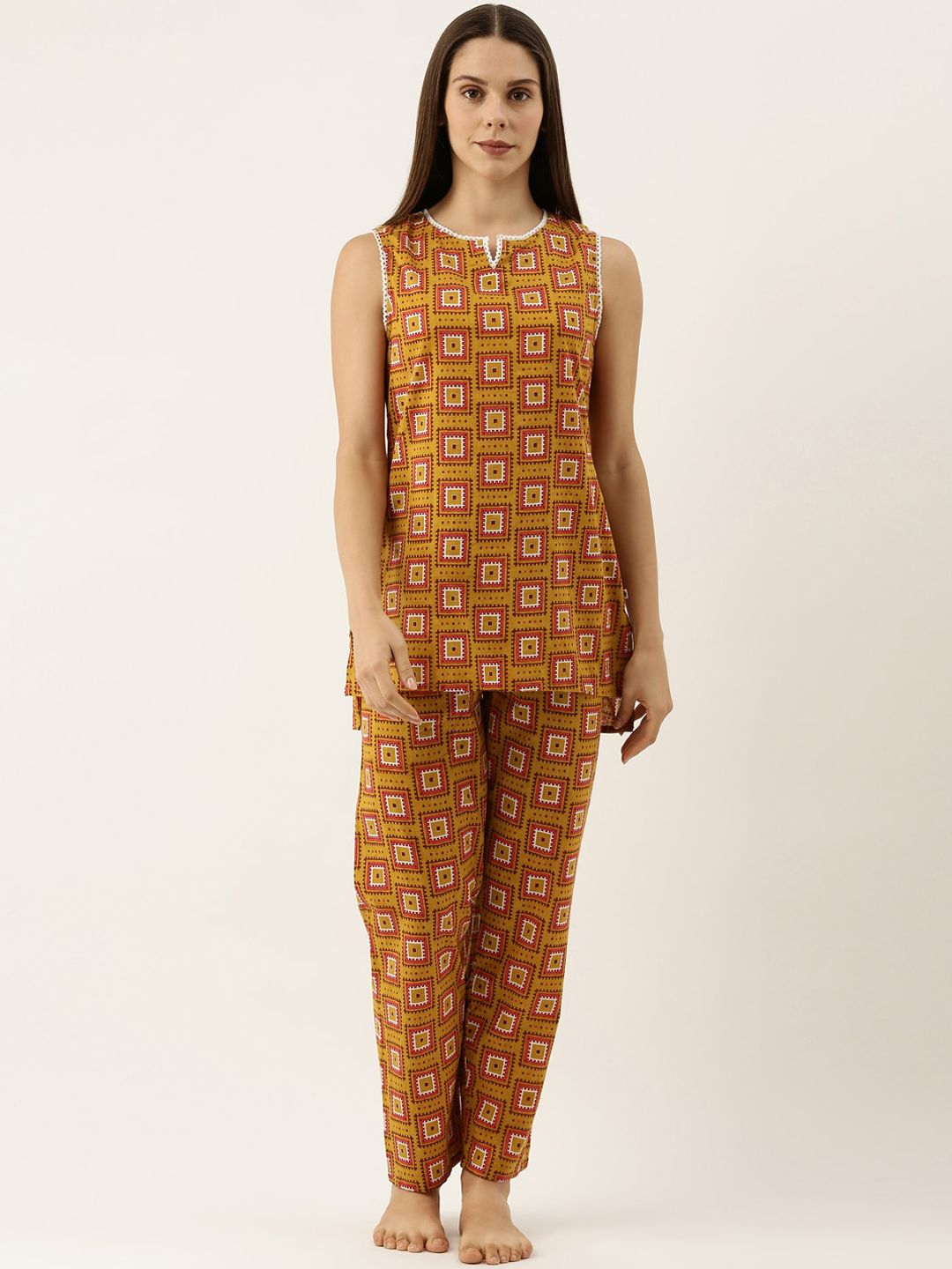 Bannos Swagger Women Mustard Printed Night suit Price in India