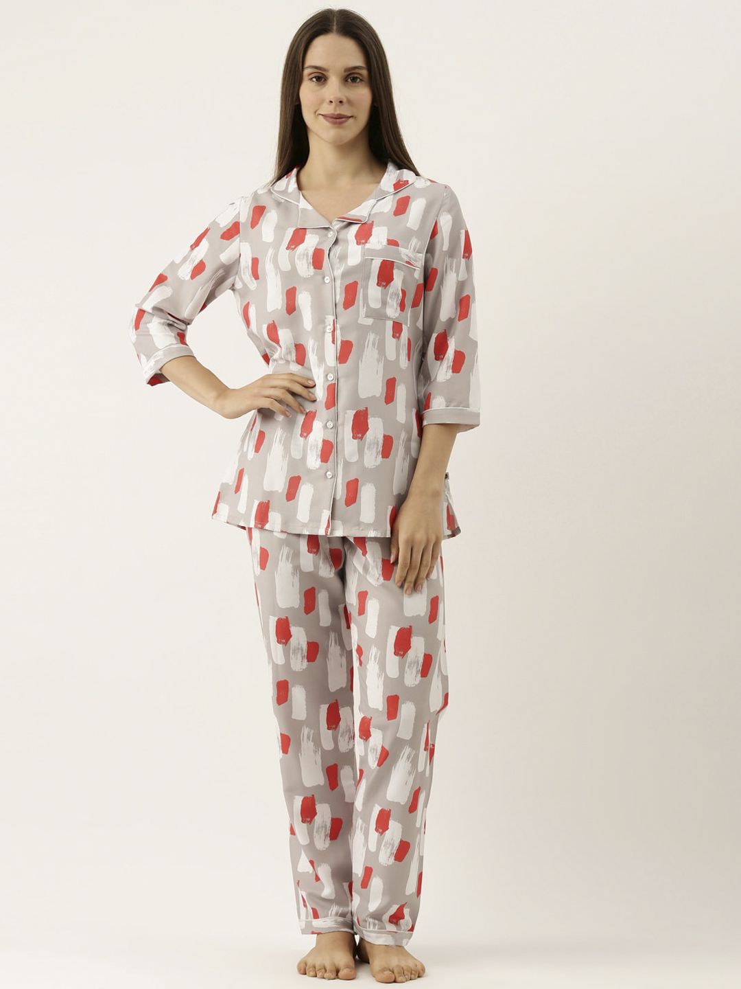 Bannos Swagger Women Grey & Red Printed Night suit Price in India