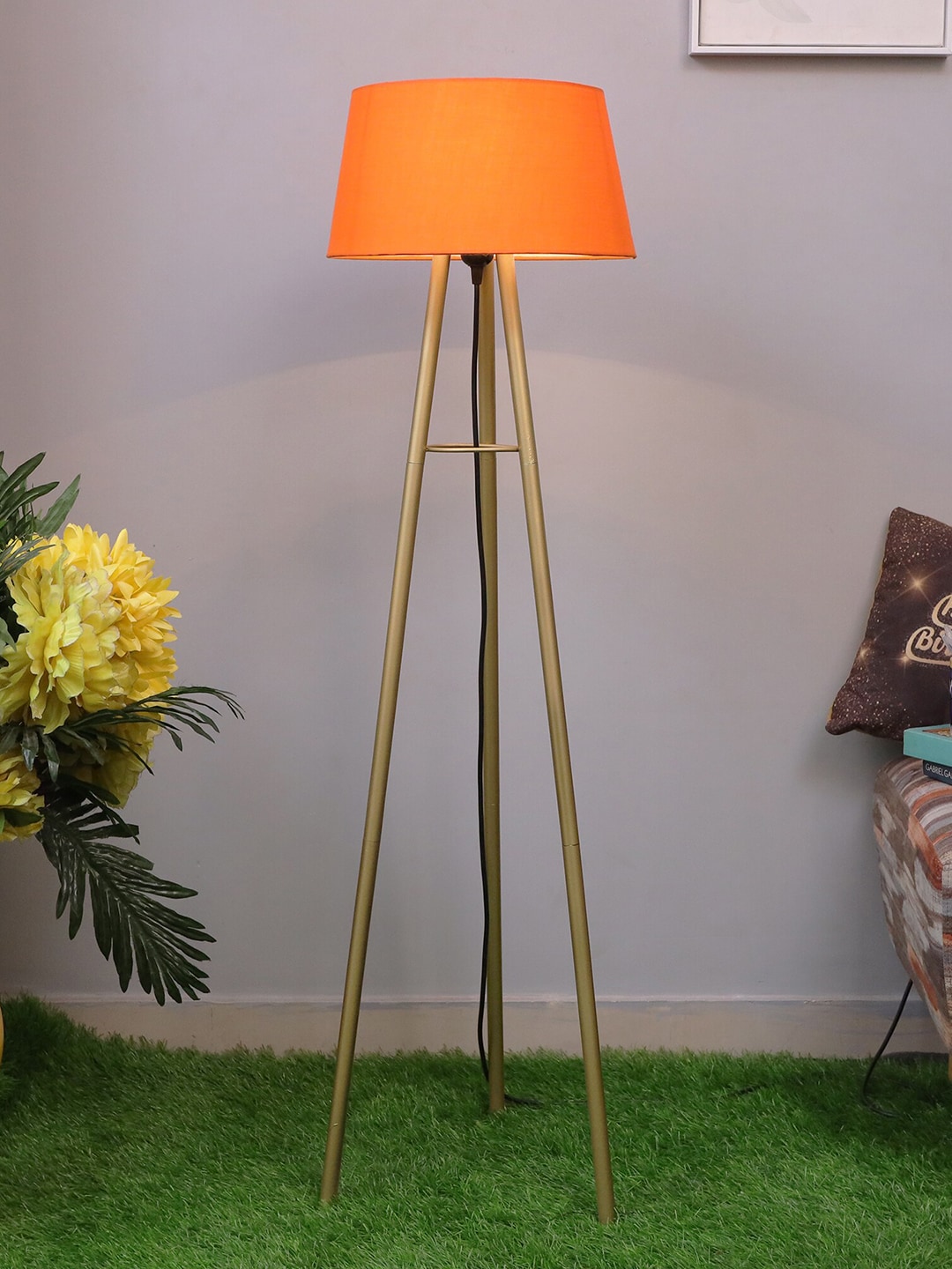 Homesake Orange & Gold Mid Century Metal Tripod Floor Lamp Price in India