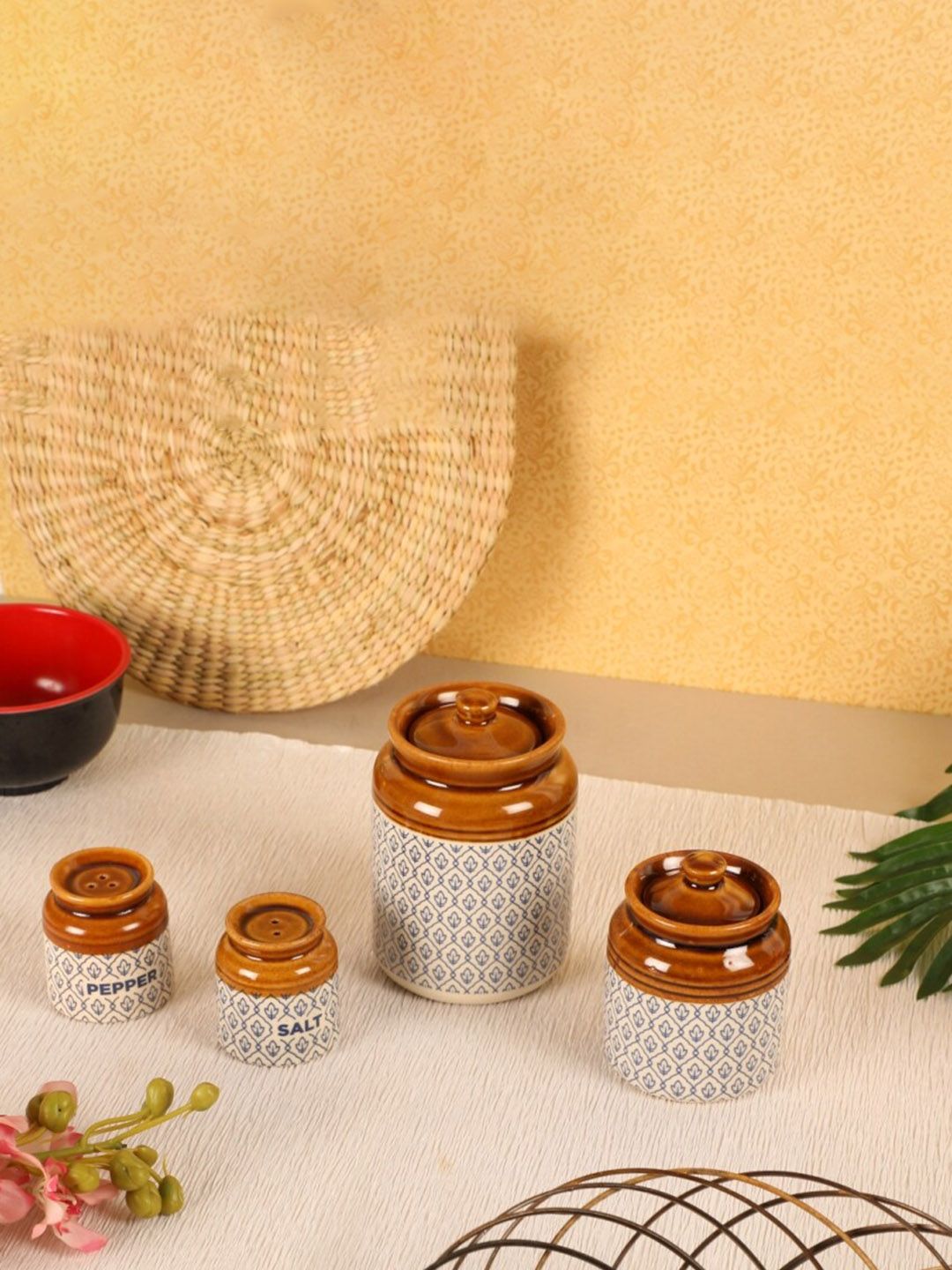 EK DO DHAI Set Of 4 Brown & Cream-Toned Printed Ceramic Kitchen Storage Jars Price in India