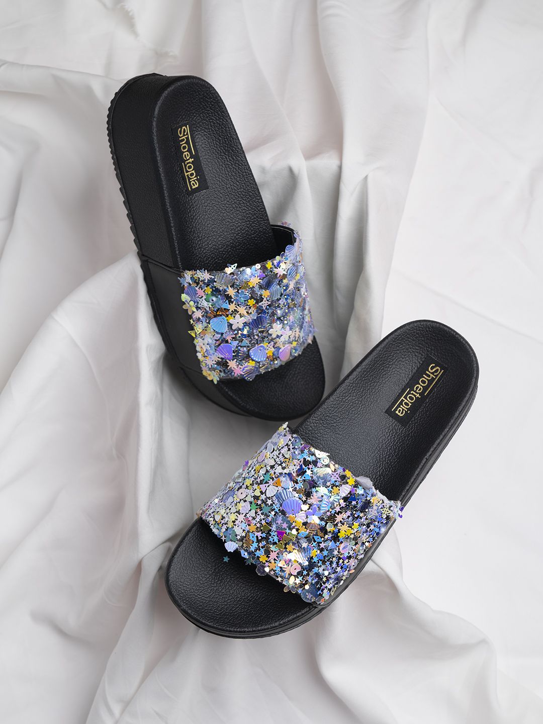 Shoetopia Black Embellished Flatform Sandals Price in India