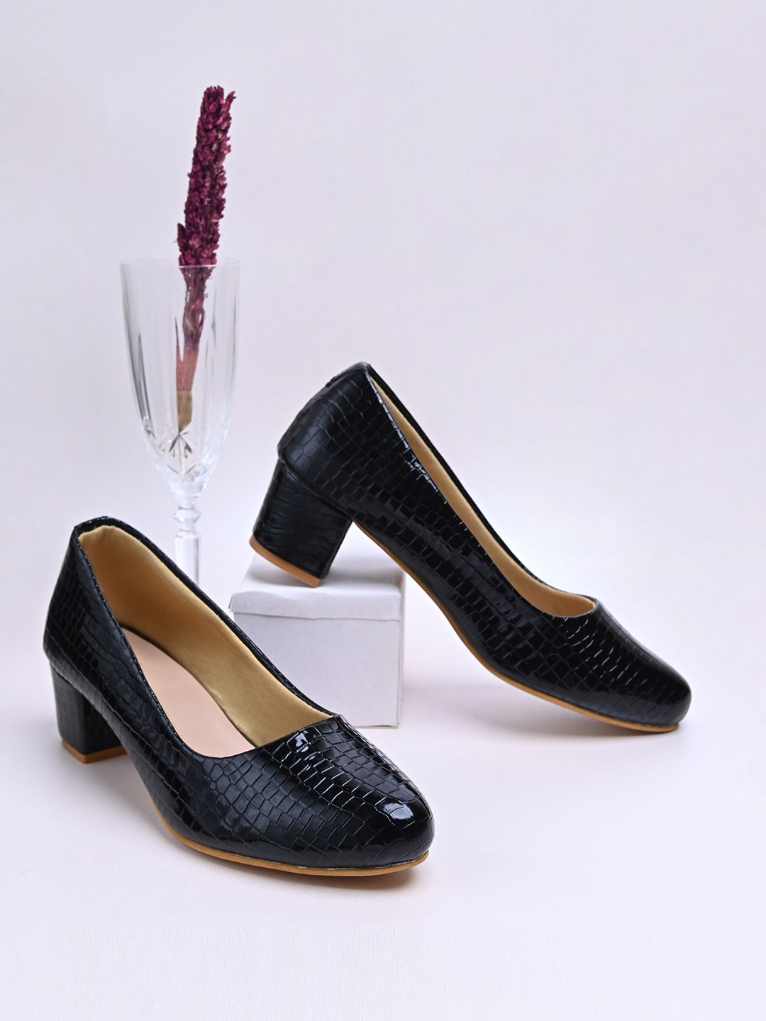 Shoetopia Black Textured Block Pumps Price in India