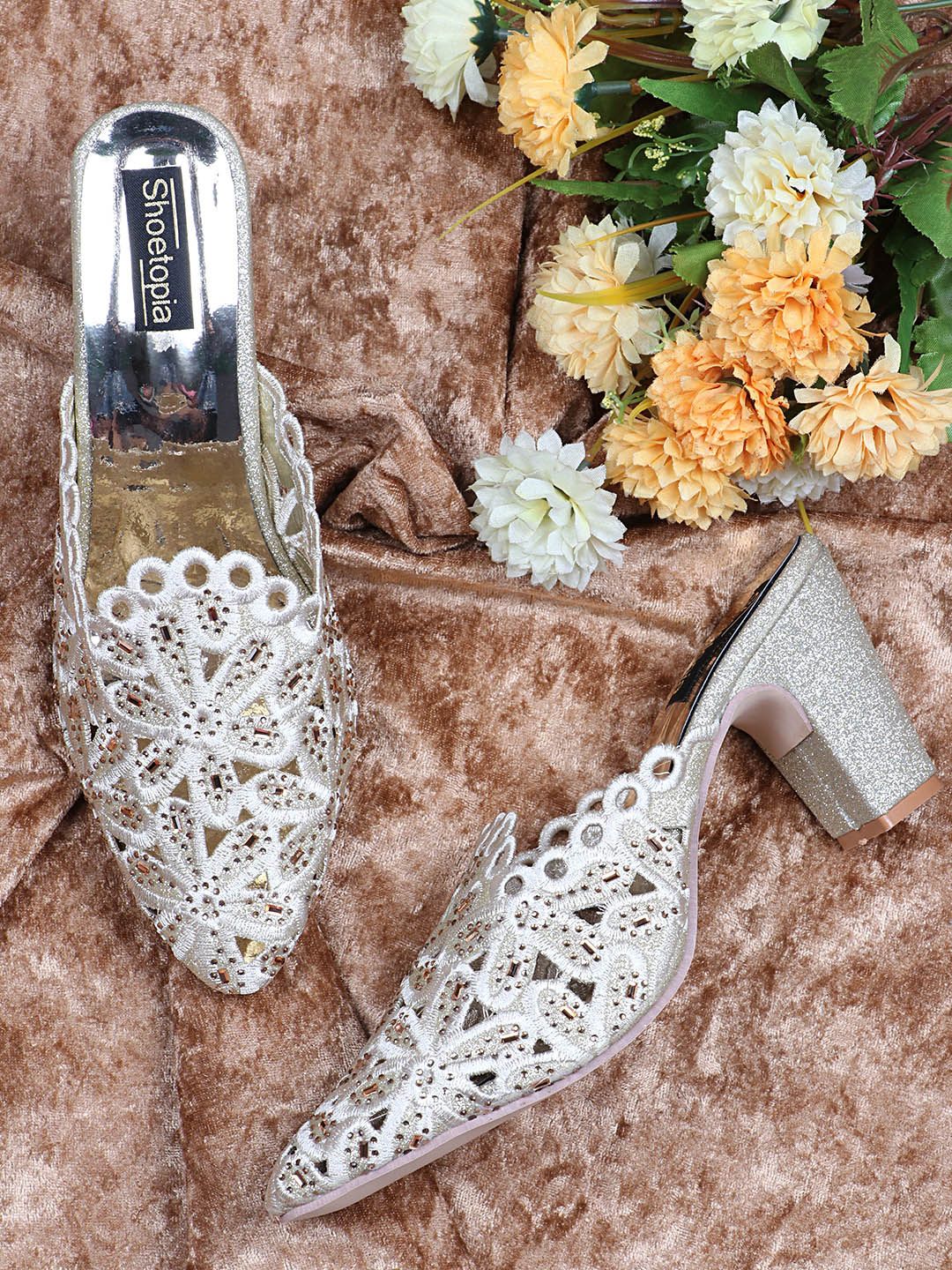 Shoetopia Gold-Toned & Silver-Toned Embellished Ethnic Block Mules with Laser Cuts Price in India