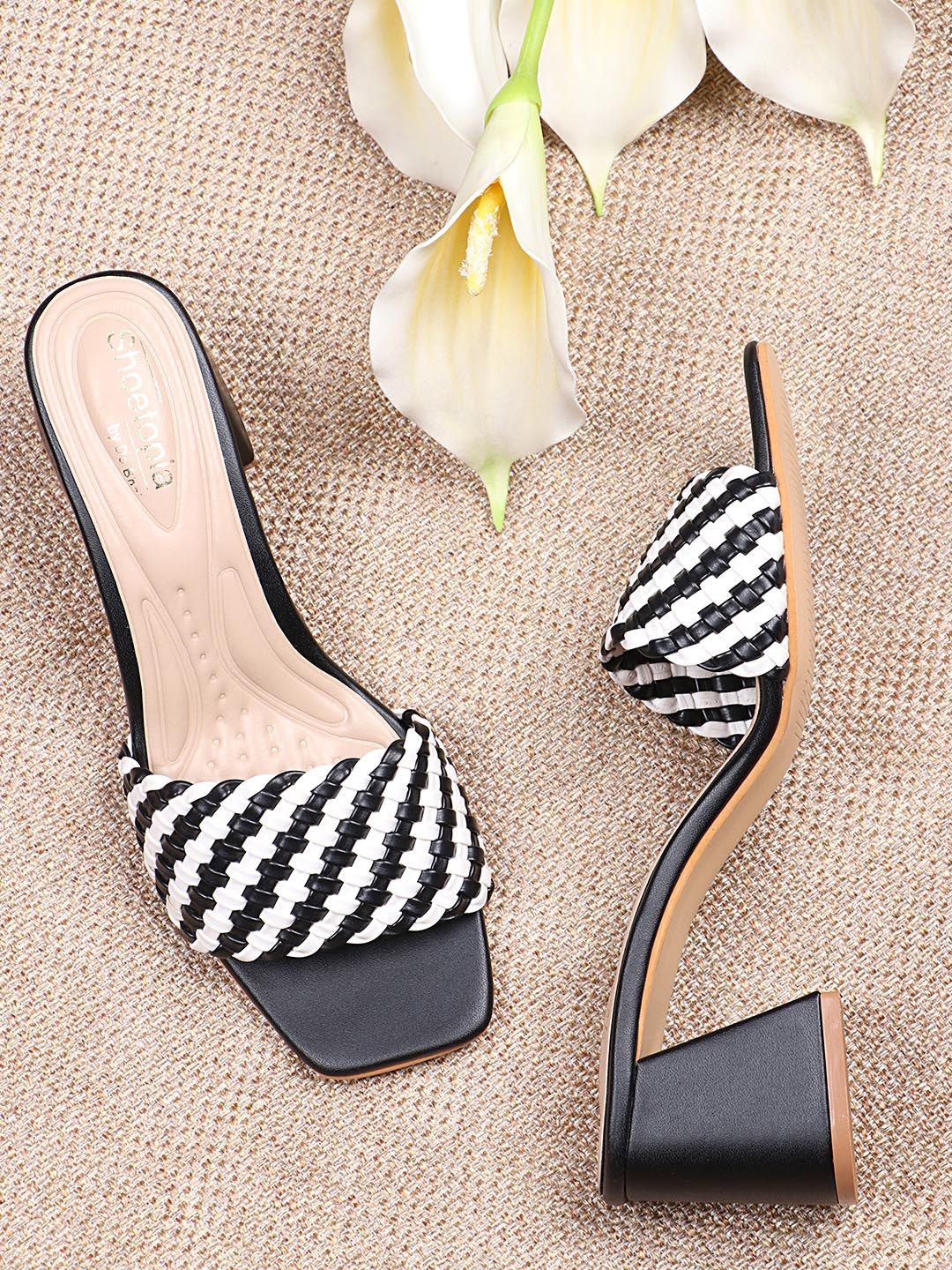 Shoetopia Black & White Striped Block Peep Toes Price in India