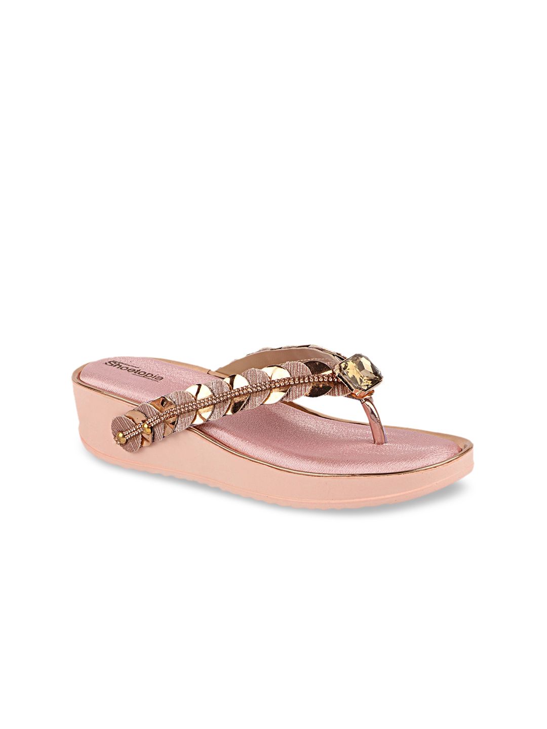 Shoetopia Pink & Gold-Toned Embellished Platform Sandals Price in India