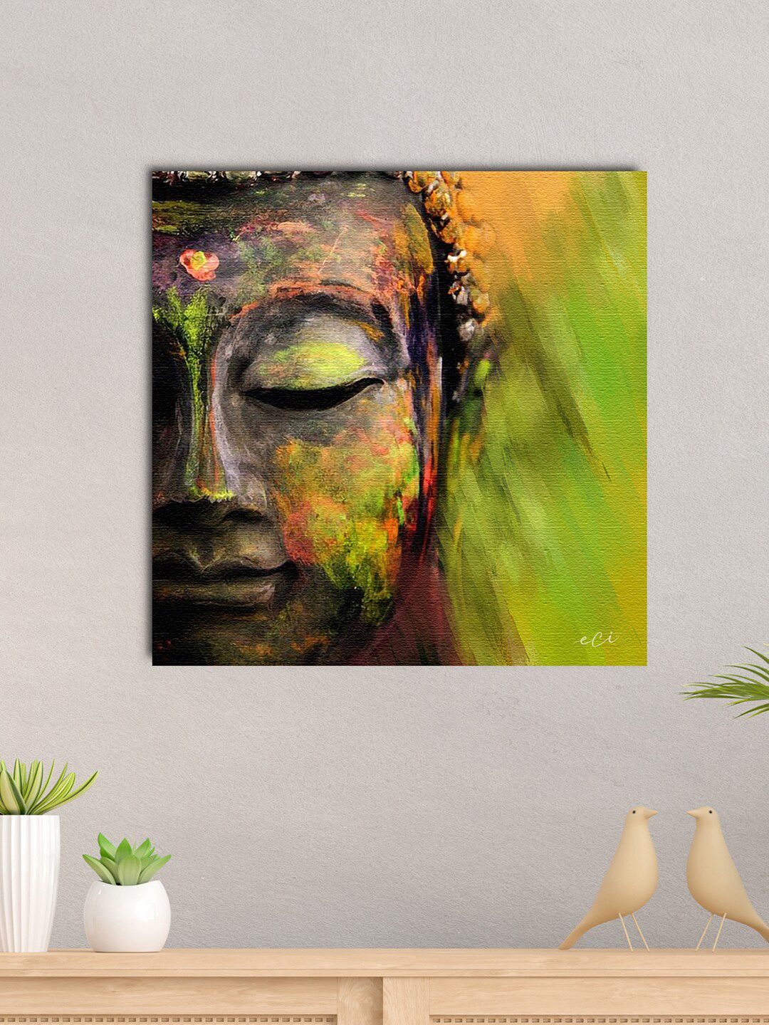 eCraftIndia Green & Brown Peaceful Gautam Buddha Original Design Canvas Printed Wall Painting Price in India