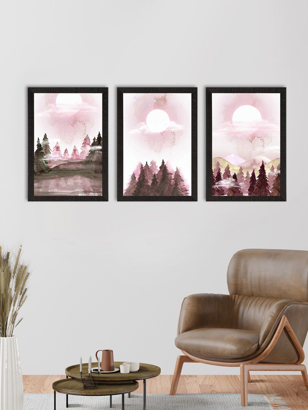 eCraftIndia Set of 3 Pink & White Full Moon Night UV Art Paintings Price in India