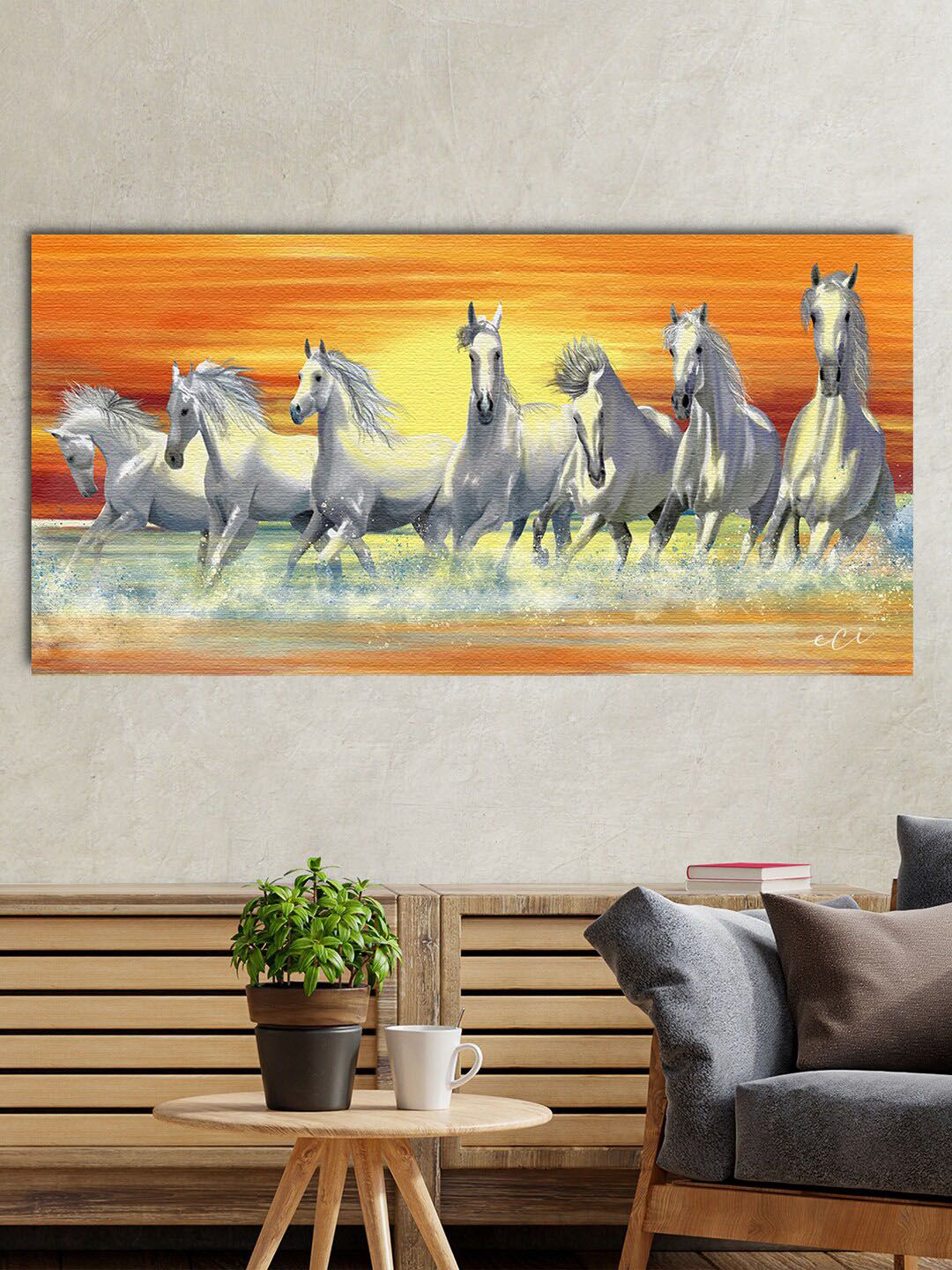 eCraftIndia Orange & White 7 Running Horses Vastu Wall Painting Price in India