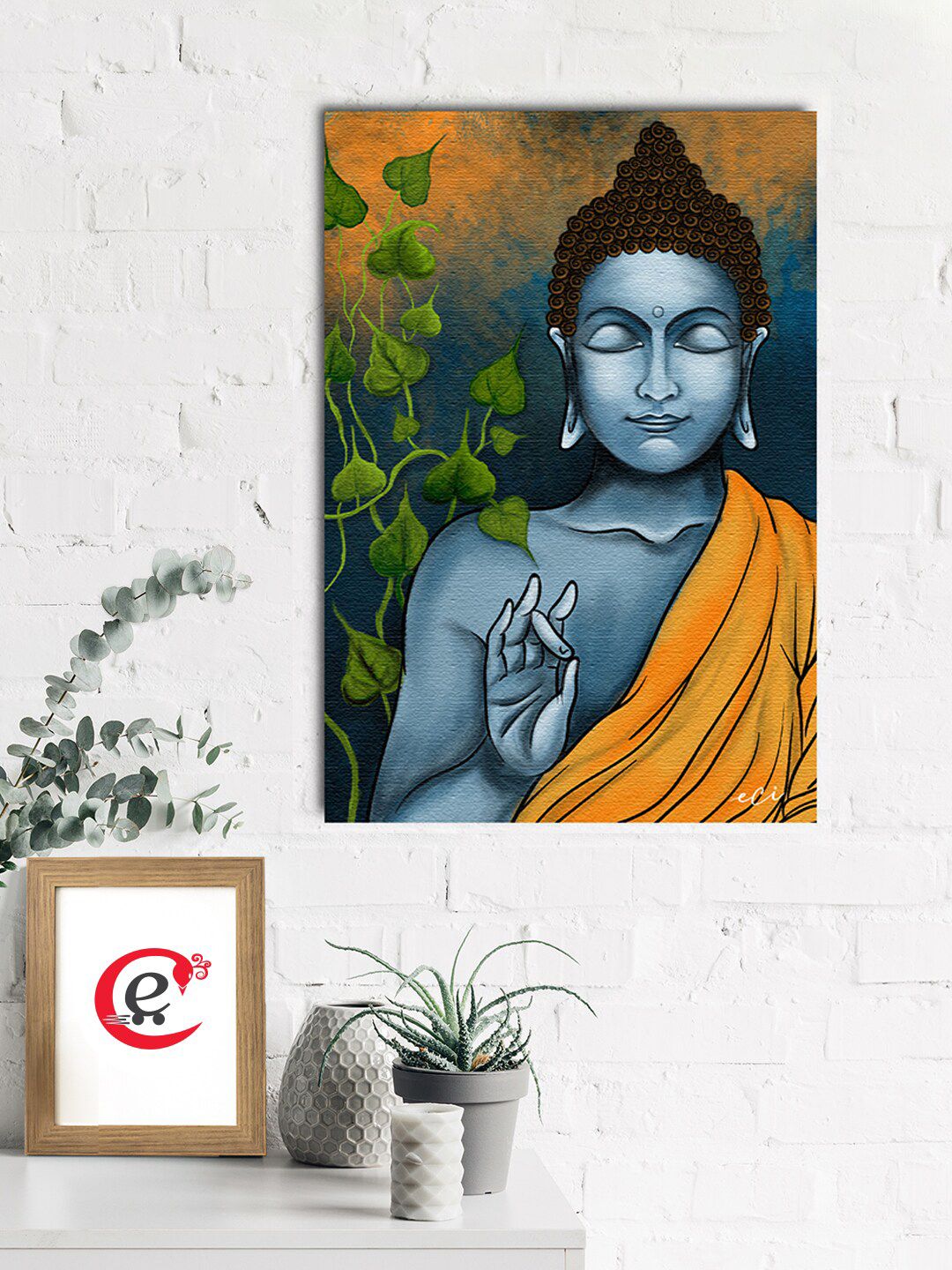 eCraftIndia Orange & Blue Buddha Canvas Printed Wall Painting Price in India