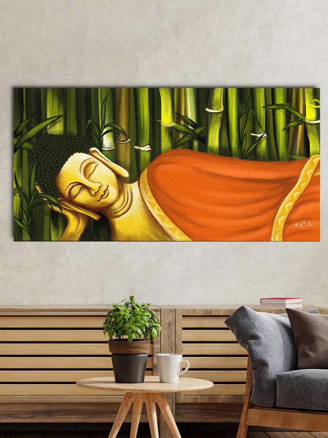eCraftIndia Orange & Green Resting Peaceful Buddha Printed UV Art Painting Price in India