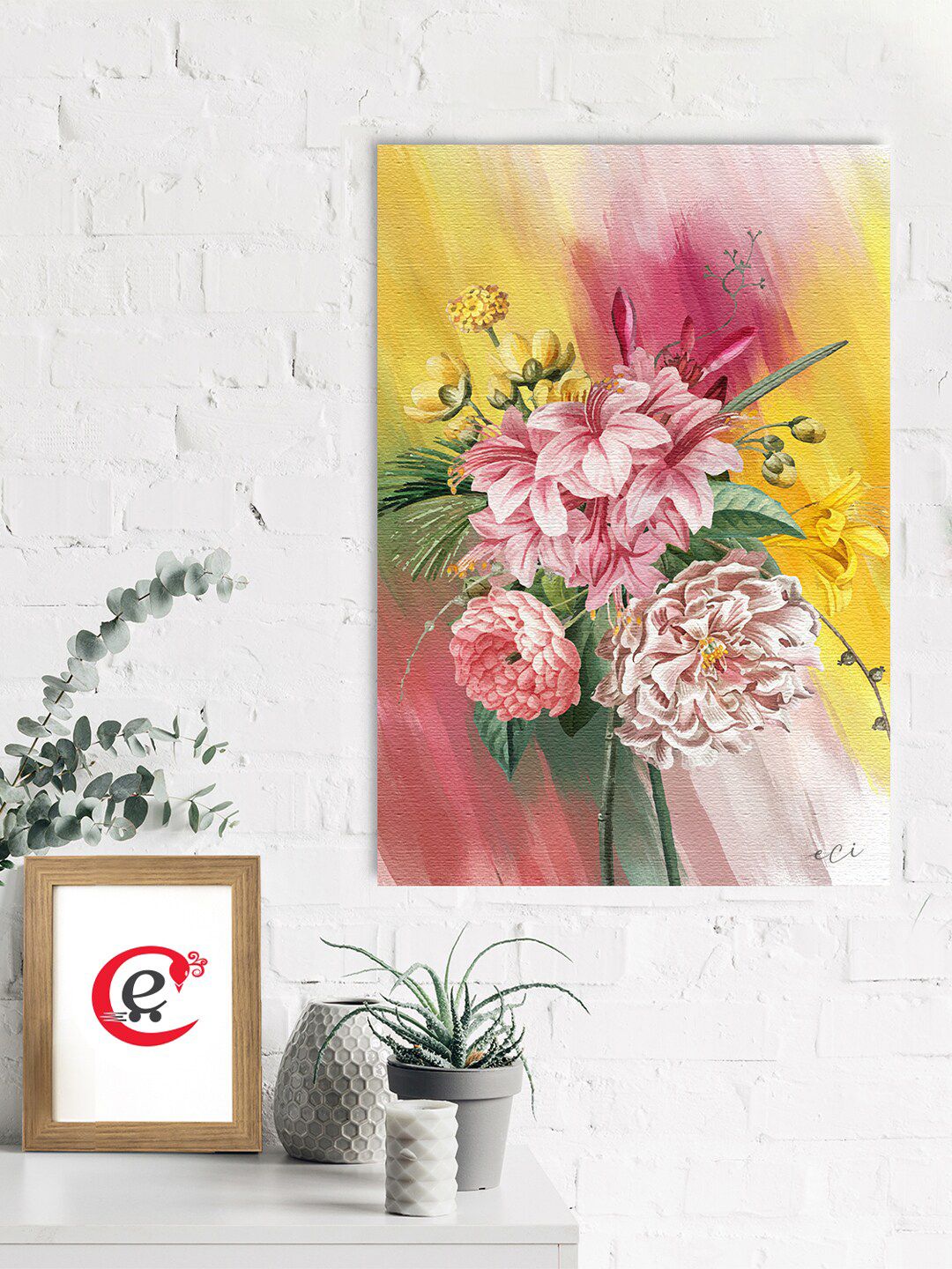 eCraftIndia Yellow & Pink Beautiful Flowers Bouquet Canvas Printed Wall Painting Price in India