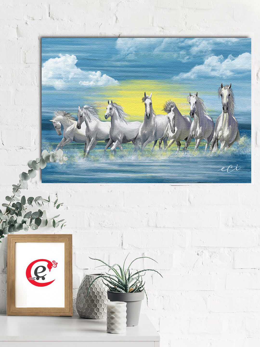 eCraftIndia Blue & Yellow 7 Running Horses Printed Canvas Wall Art Price in India