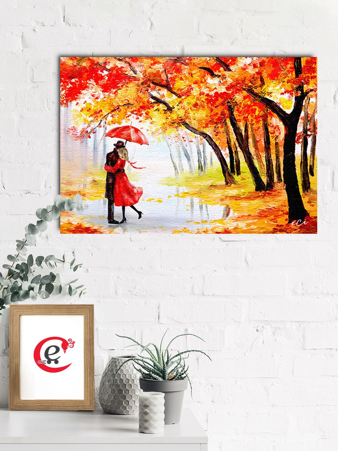 eCraftIndia Orange & Yellow Couple Canvas Printed Wall Painting Price in India