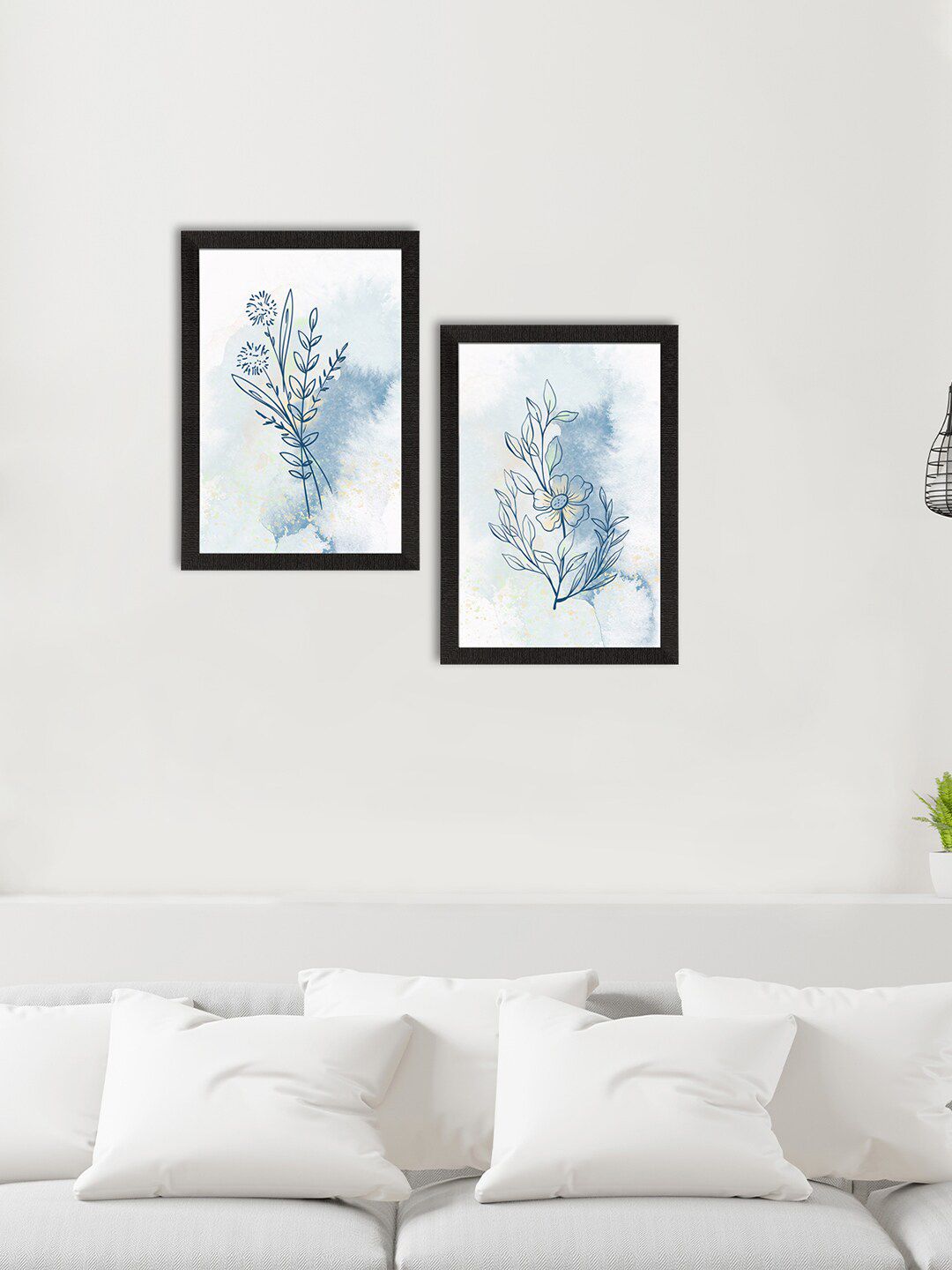eCraftIndia Set Of 2 White & Blue Pastel Natural Leaf Printed Satin Matte Texture UV Art Paintings Price in India