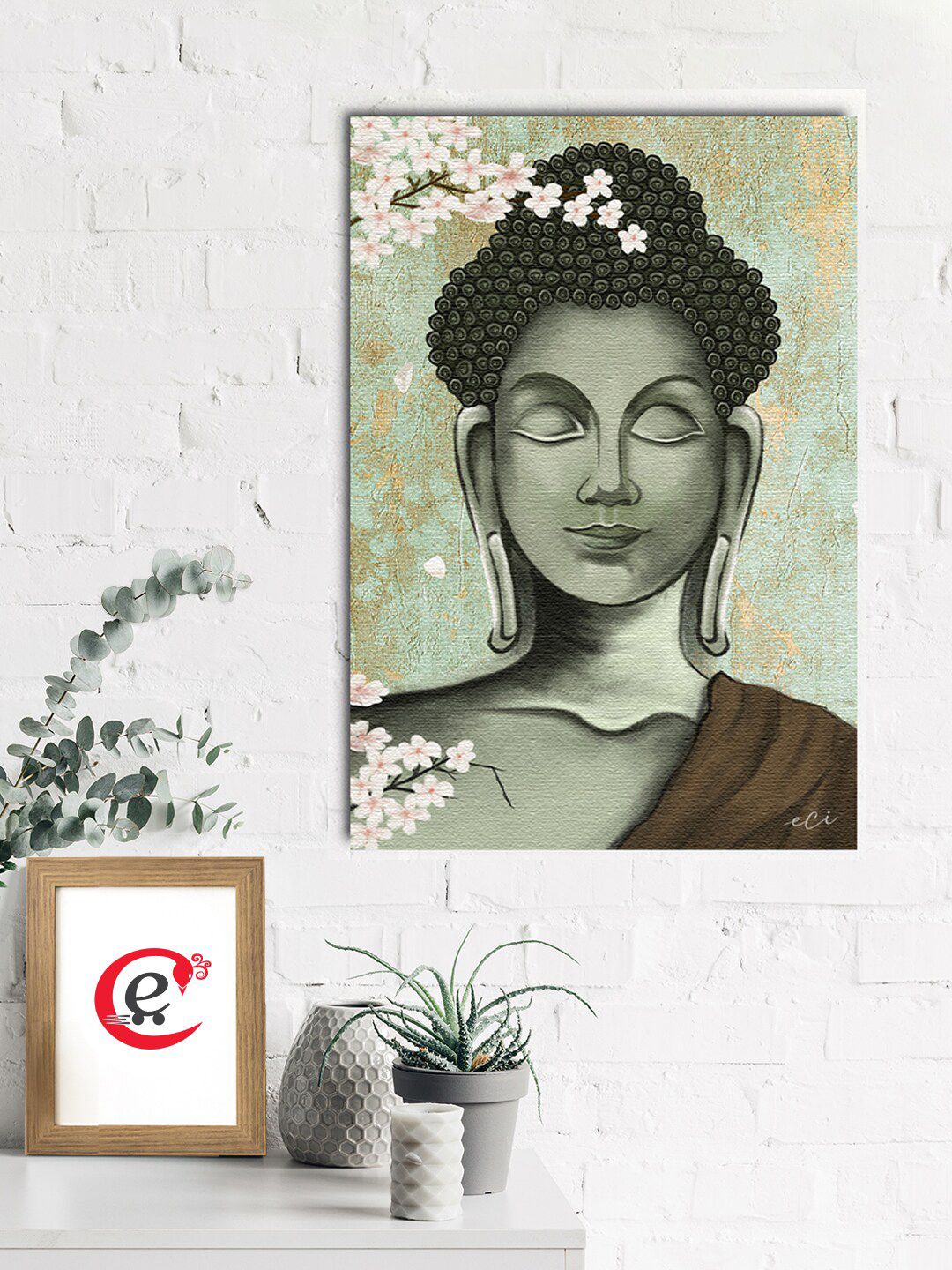 eCraftIndia Grey & Black Smiling Peaceful Buddha Wall Painting Price in India