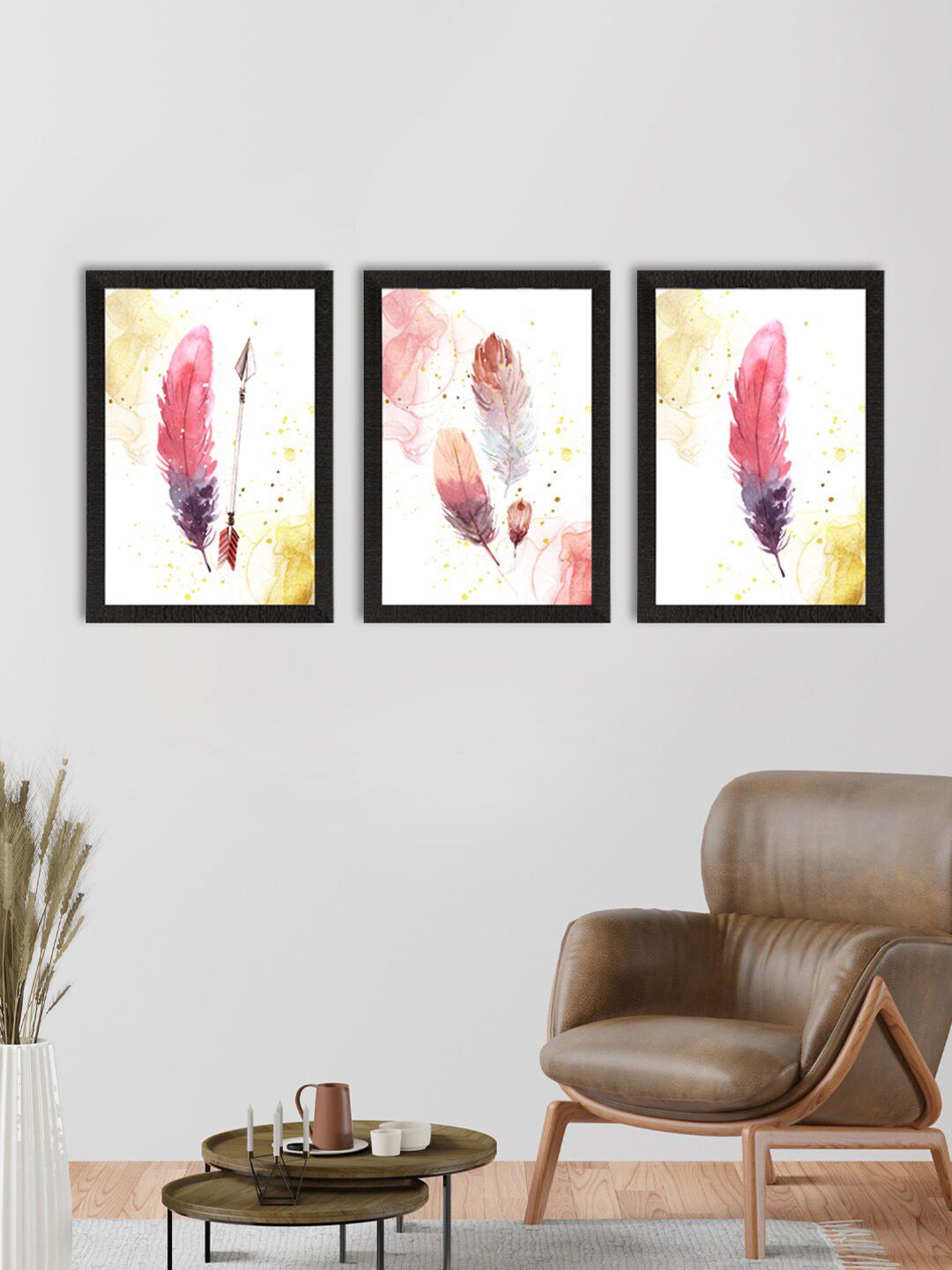 eCraftIndia Set Of 3 Pink & White Colorful Feather Watercolour Satin Matt Texture UV Art Painting Price in India