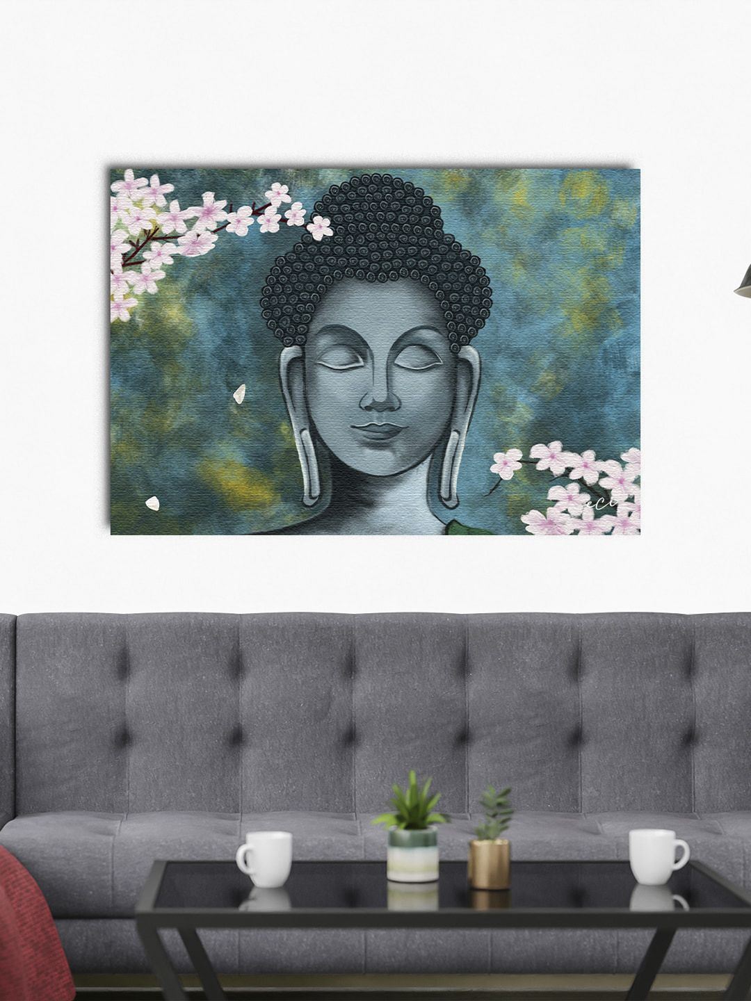eCraftIndia Grey & Blue Meditating Buddha With Flowers Printed Canvas Wall Art Price in India