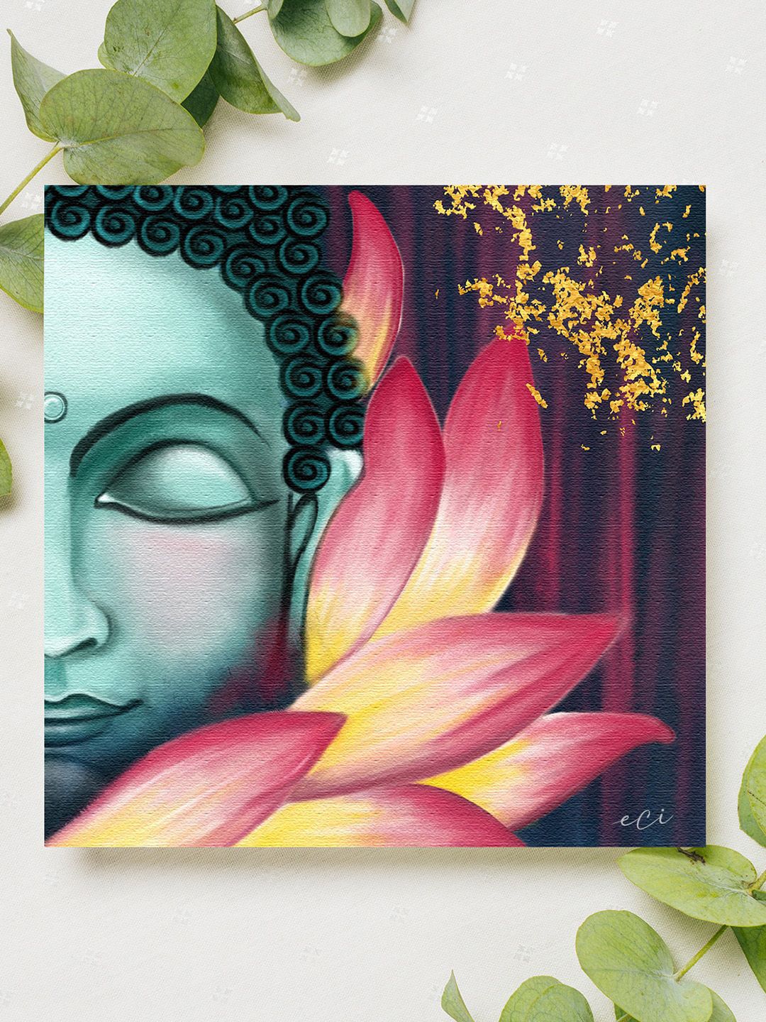 eCraftIndia Pink & Black Gautam Buddha With Lotus Printed Canvas Wall Art Price in India