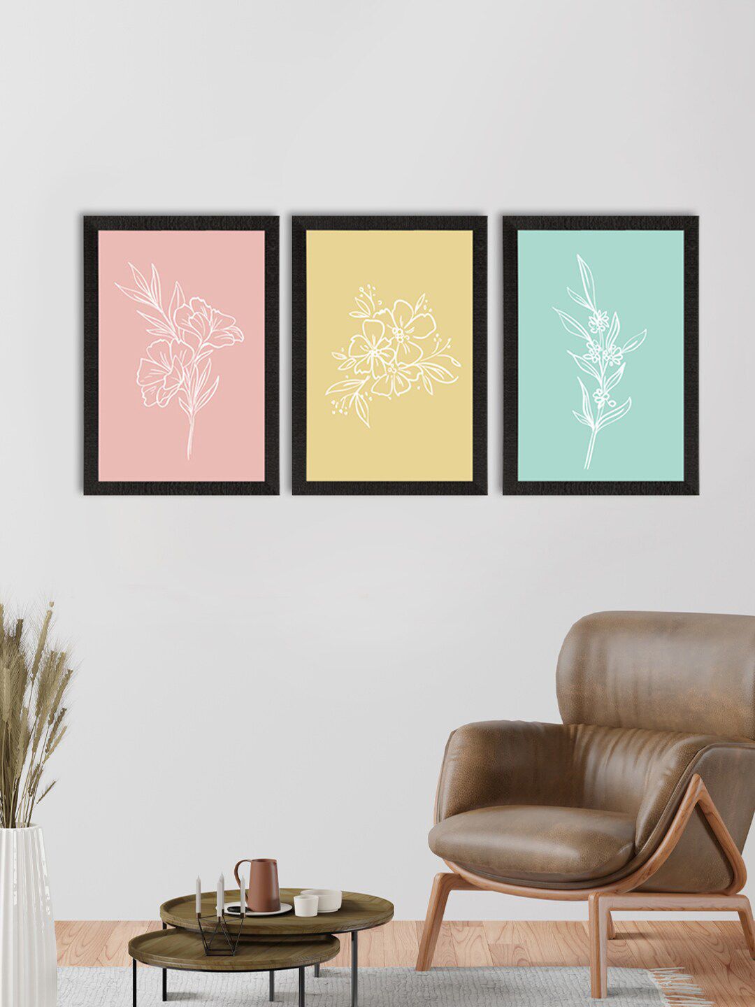 ECraftIndia Set of 3 Pink & Yellow Tropical Leaf Pastel Satin Matt Texture UV Art Painting Price in India