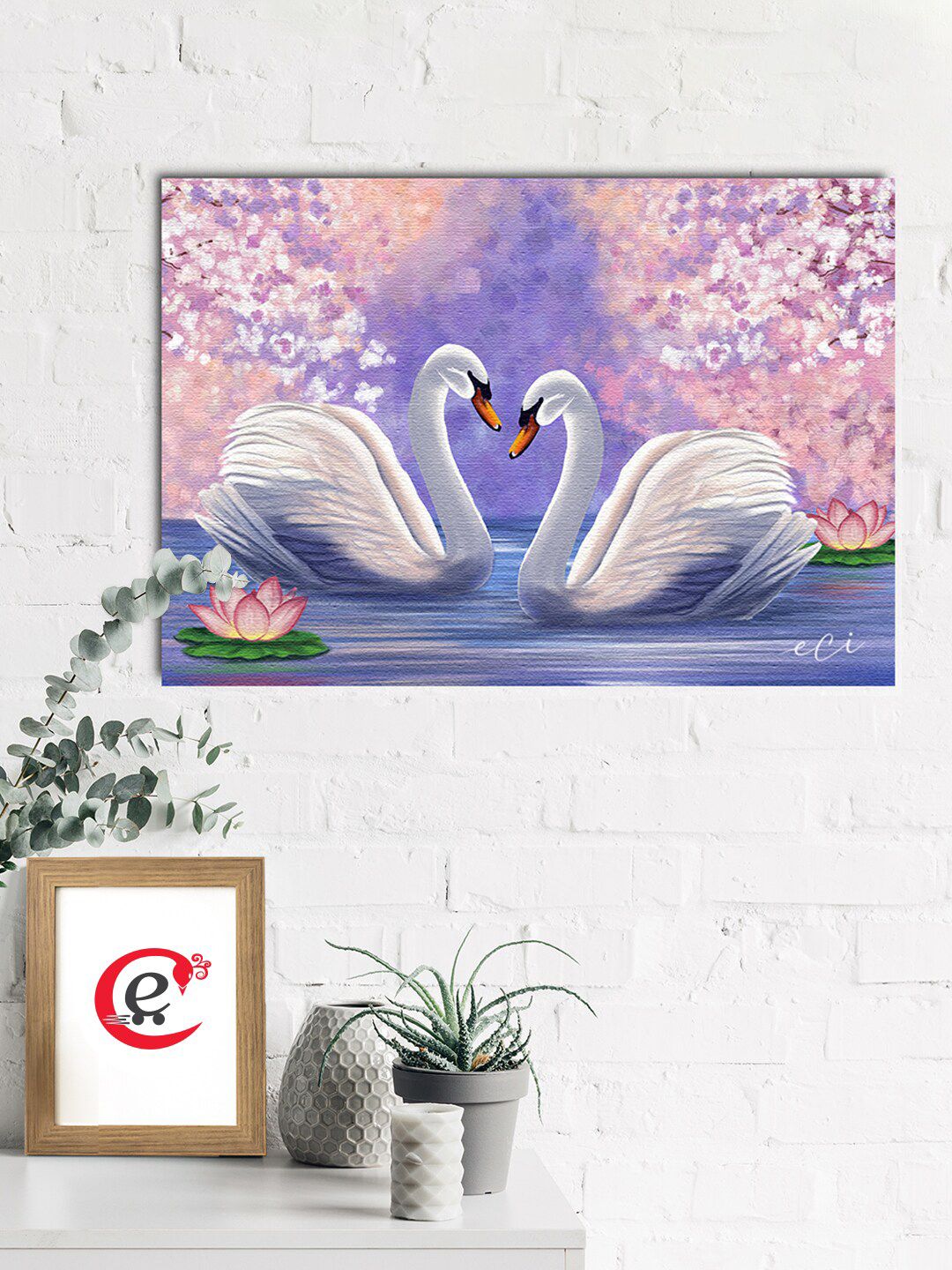 eCraftIndia Purple & Pink Swan Couple Wall Painting Price in India