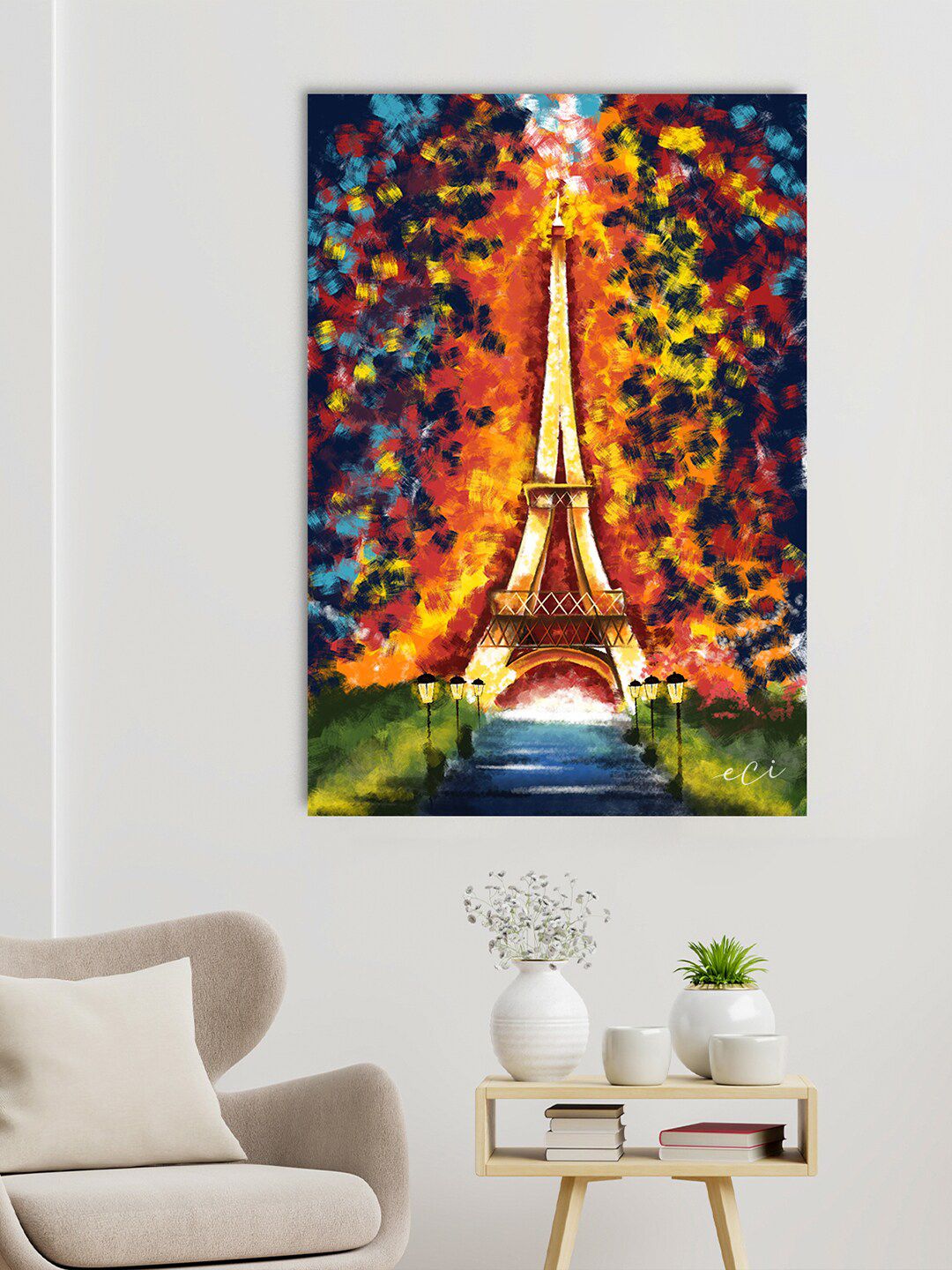 eCraftIndia Yellow & Orange Paris Eiffel Tower Scenery Canvas Printed Wall Painting Price in India