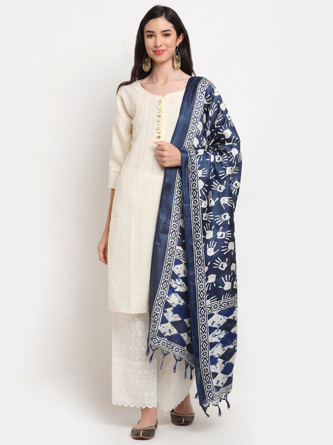 TAG 7 Blue & Off White Printed Cotton Silk Dupatta Price in India